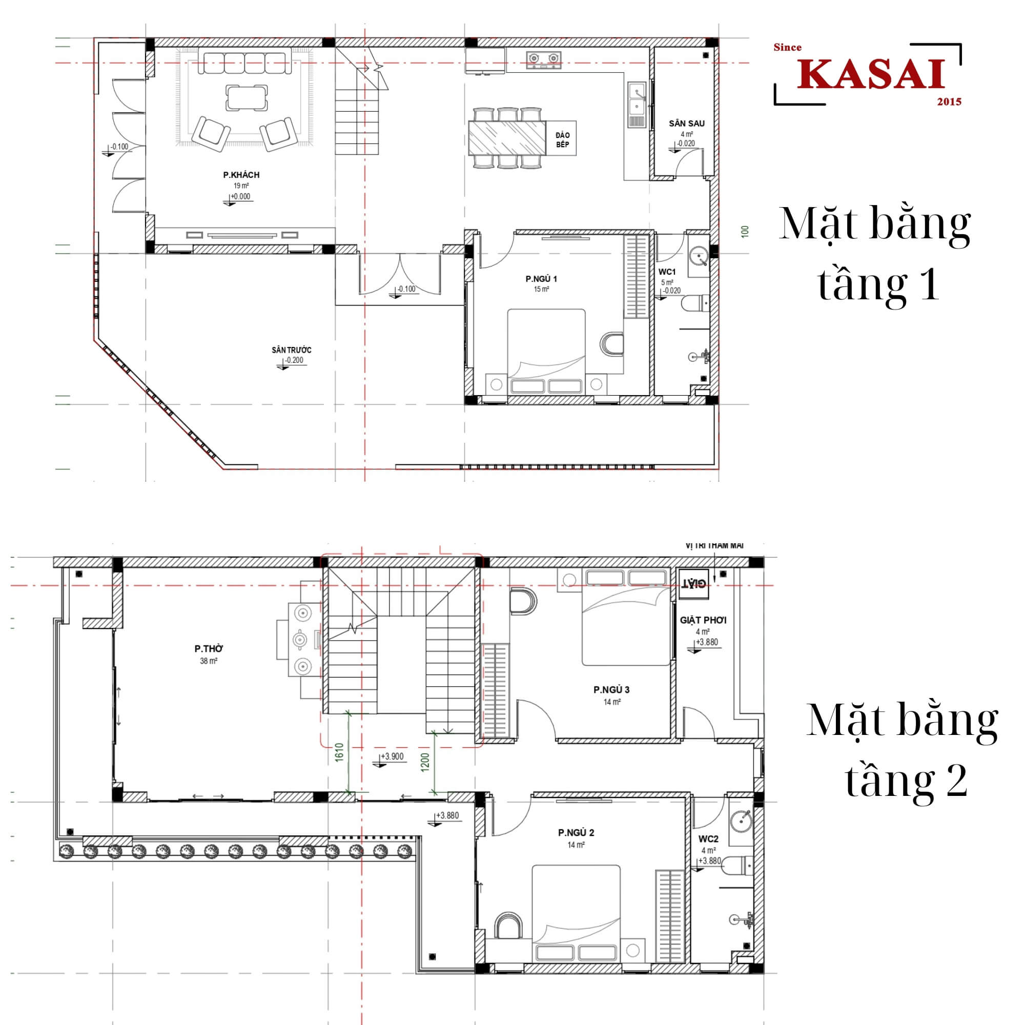 Bản vẽ thiết kế nhà 2 tầng chữ L 3 phòng ngủ