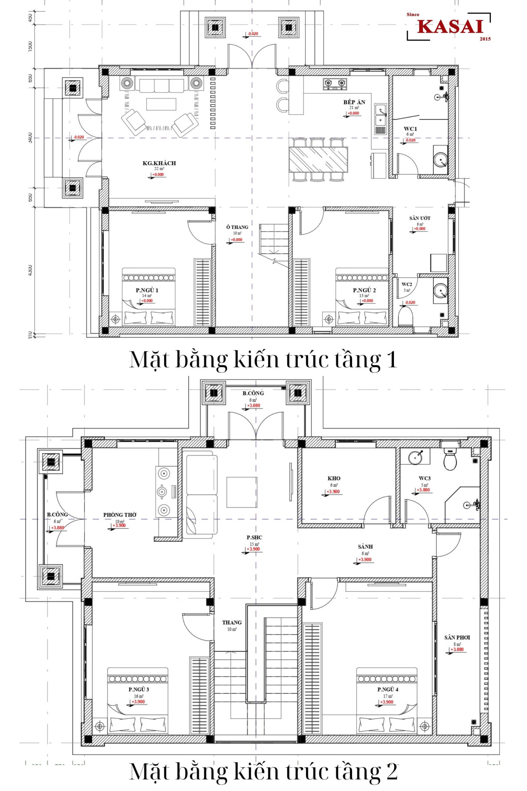 Bản vẽ thiết kế nhà 2 tầng mặt tiền 11m