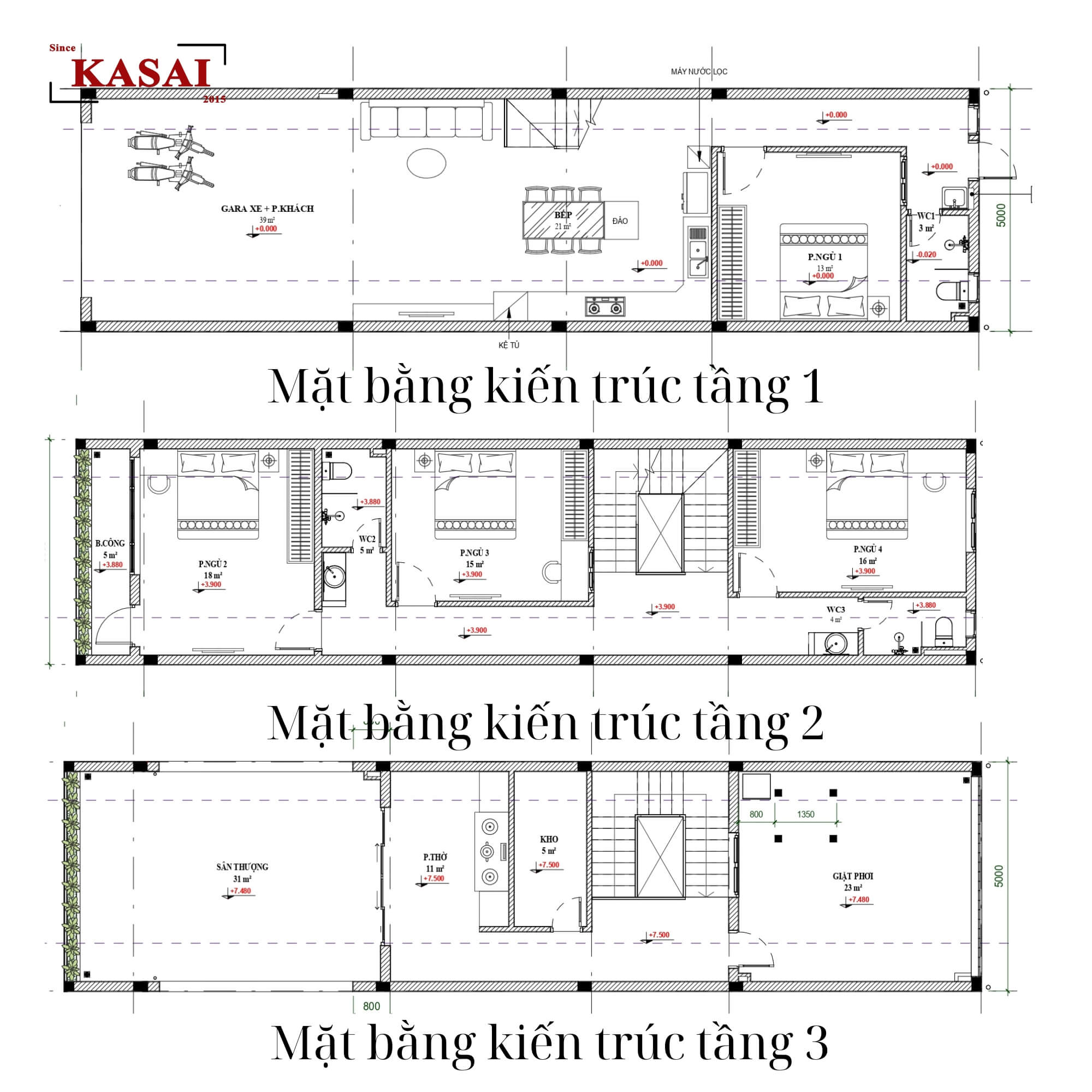 Bản vẽ thiết kế nhà 3 tầng 4 phòng ngủ 5x20