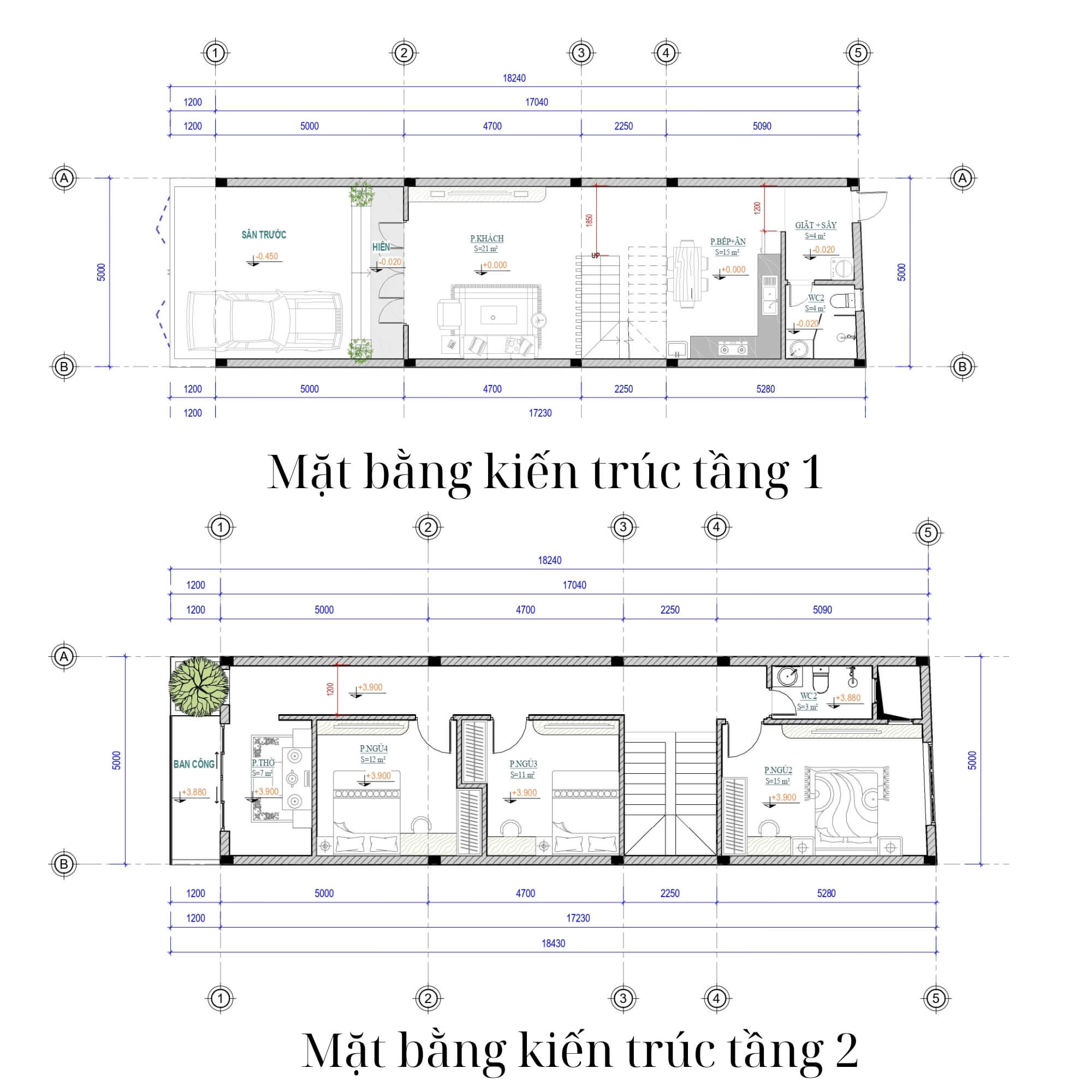 Bản vẽ thiết kế nhà ống 2 tầng 5x18m
