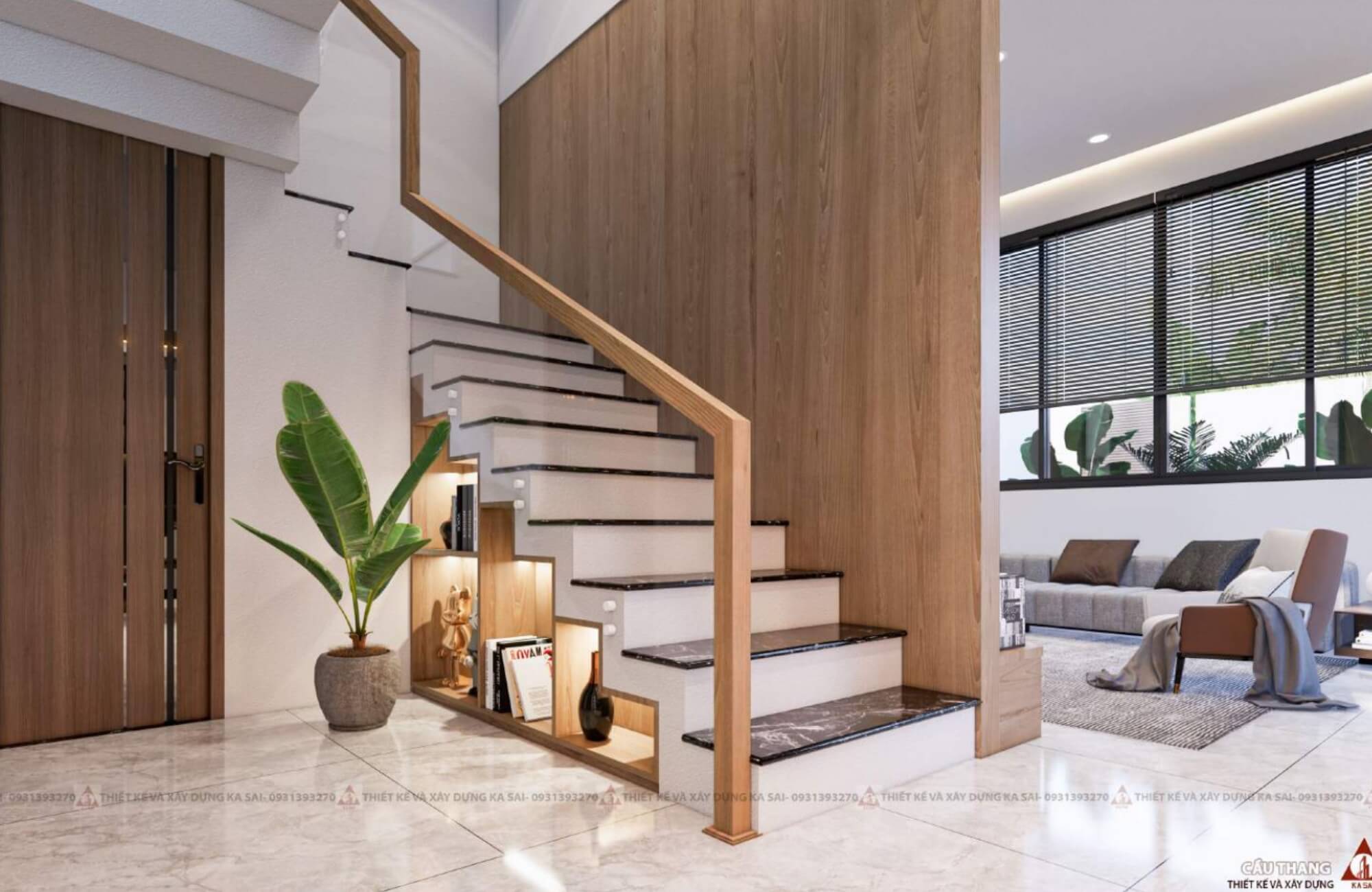 Cầu thang 7x11m bản vẽ nhà chữ L 2 tầng