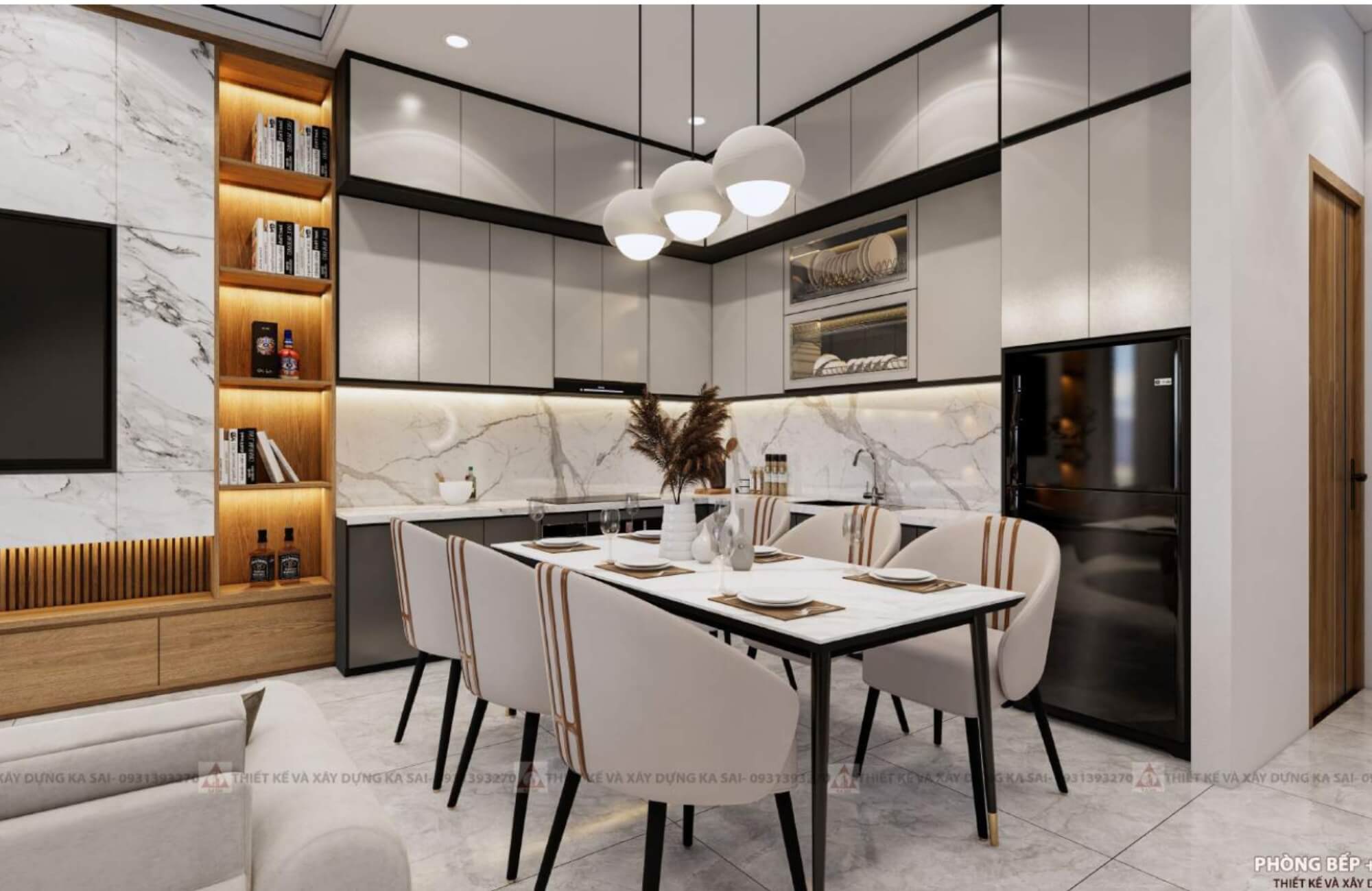 Phòng bếp nhà 2 tầng 3 phòng 6x15