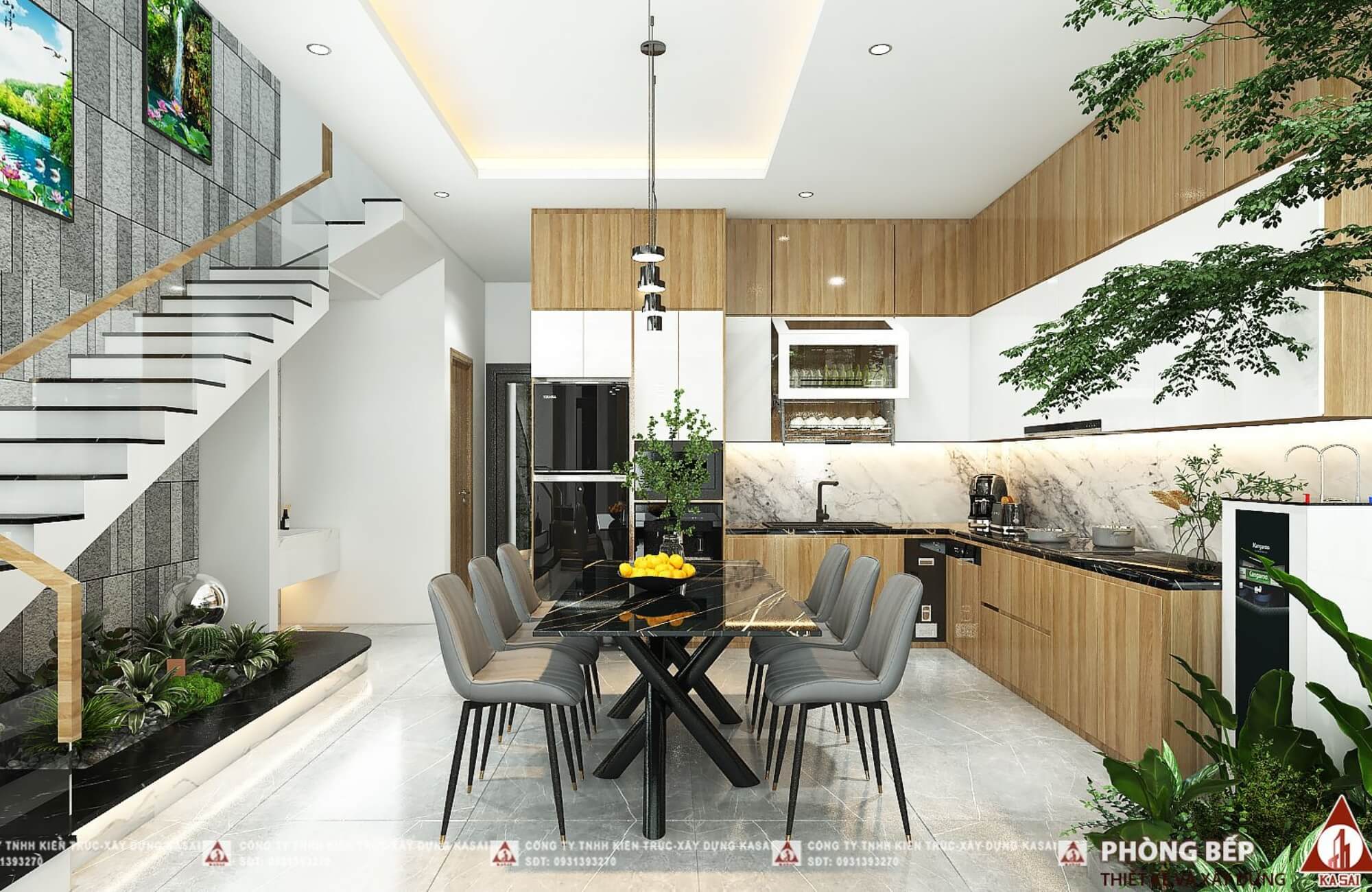 Phòng bếp nhà 3 tầng mặt tiền 6m hiện đại