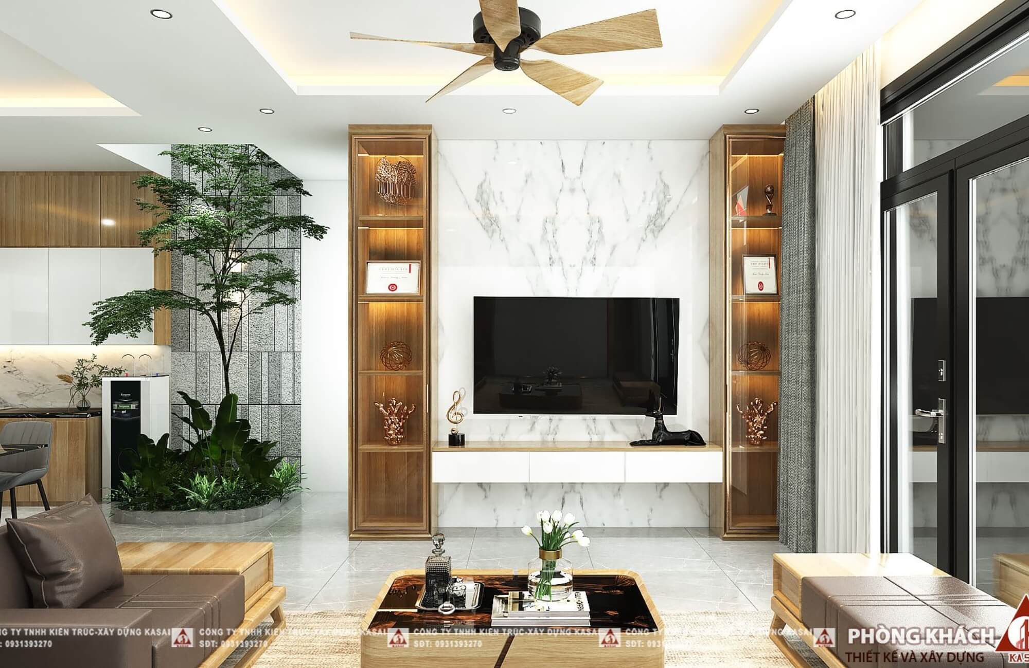 Phòng khách nhà 3 tầng mặt tiền 6m hiện đại