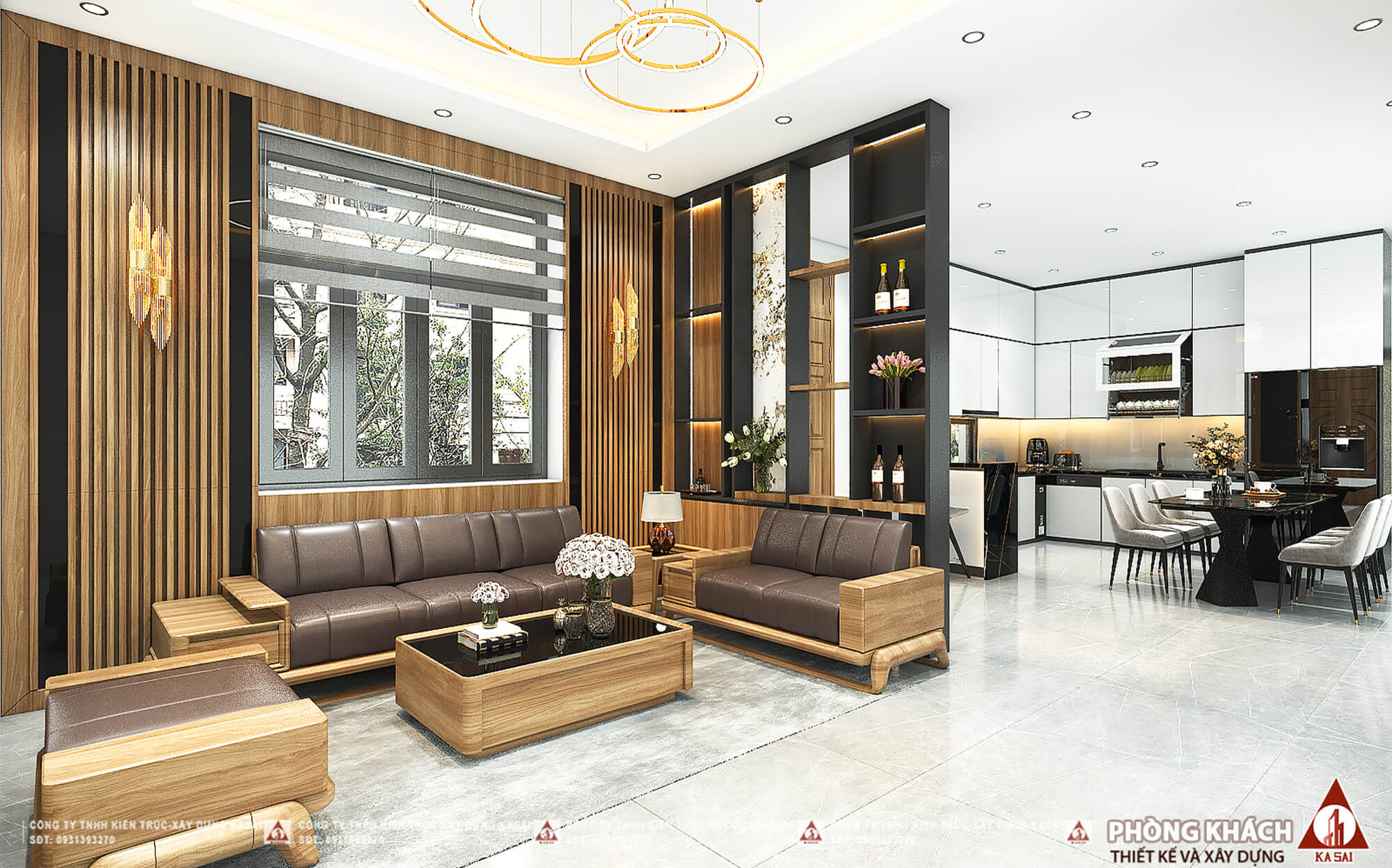 Phòng khách bếp nhà 2 tầng mặt tiền 11m