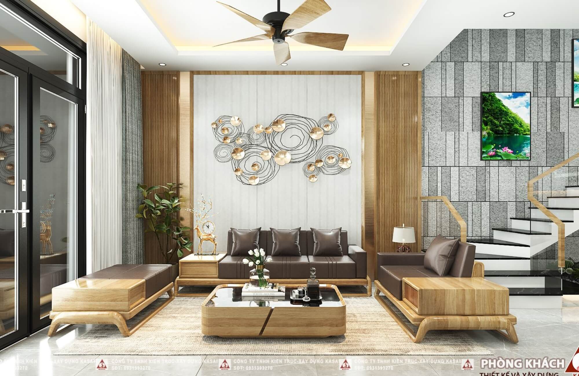 Phòng khách nhà 3 tầng mặt tiền 6m hiện đại