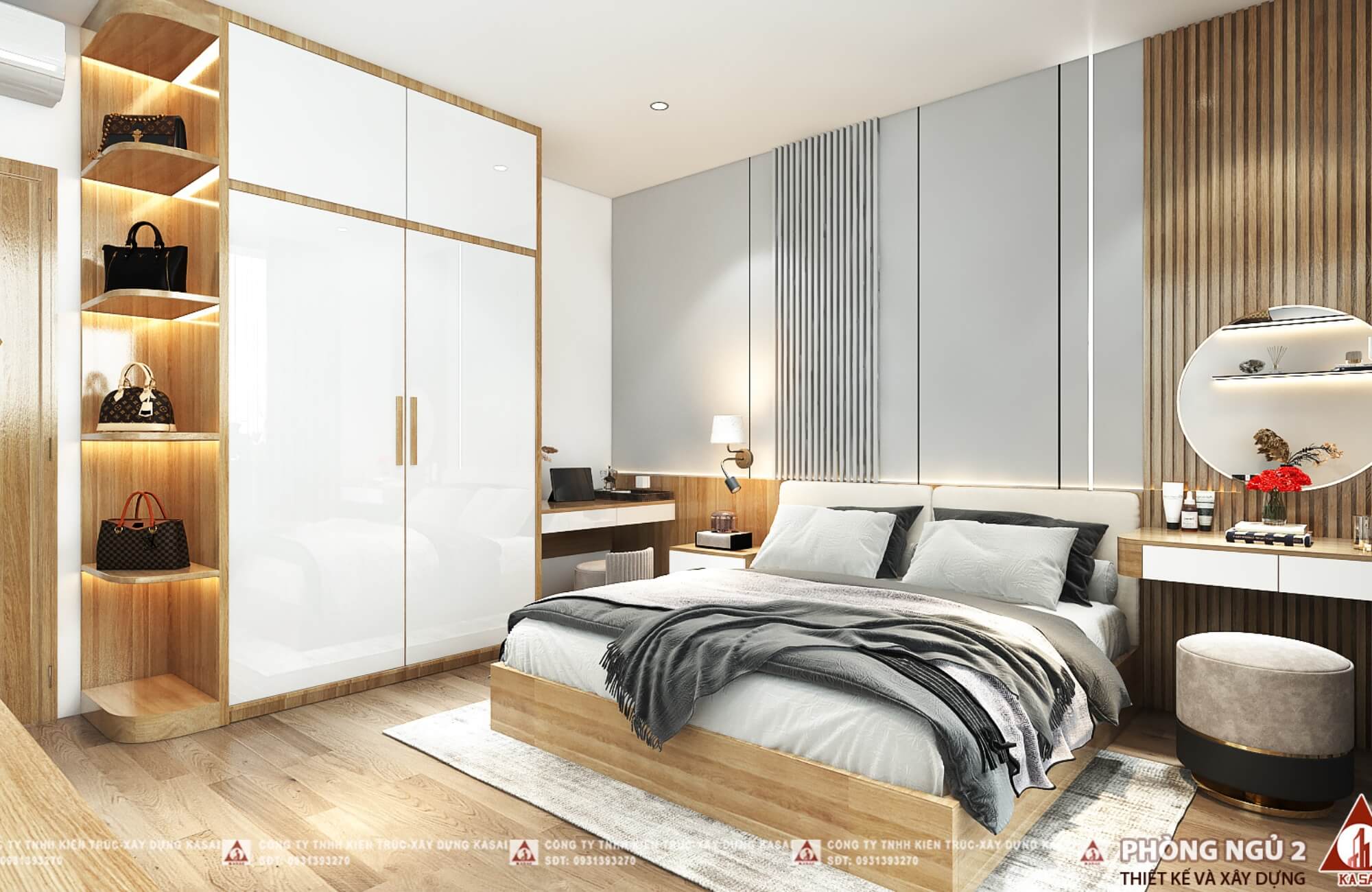 Phòng ngủ 2 nhà 3 tầng mặt tiền 6m hiện đại