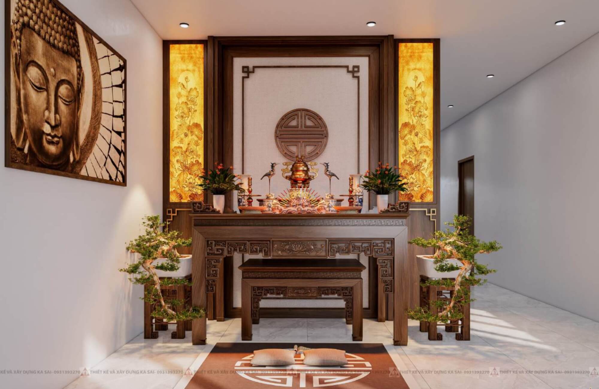 Phòng thờ nhà 2 tầng chữ L 3 phòng ngủ