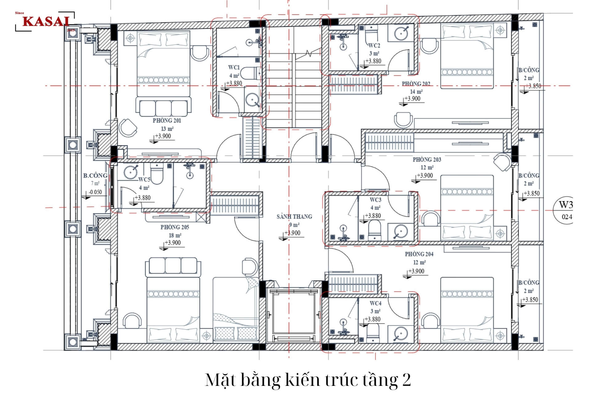 Tầng 2 bản vẽ thiết kế khách sạn tân cổ điển