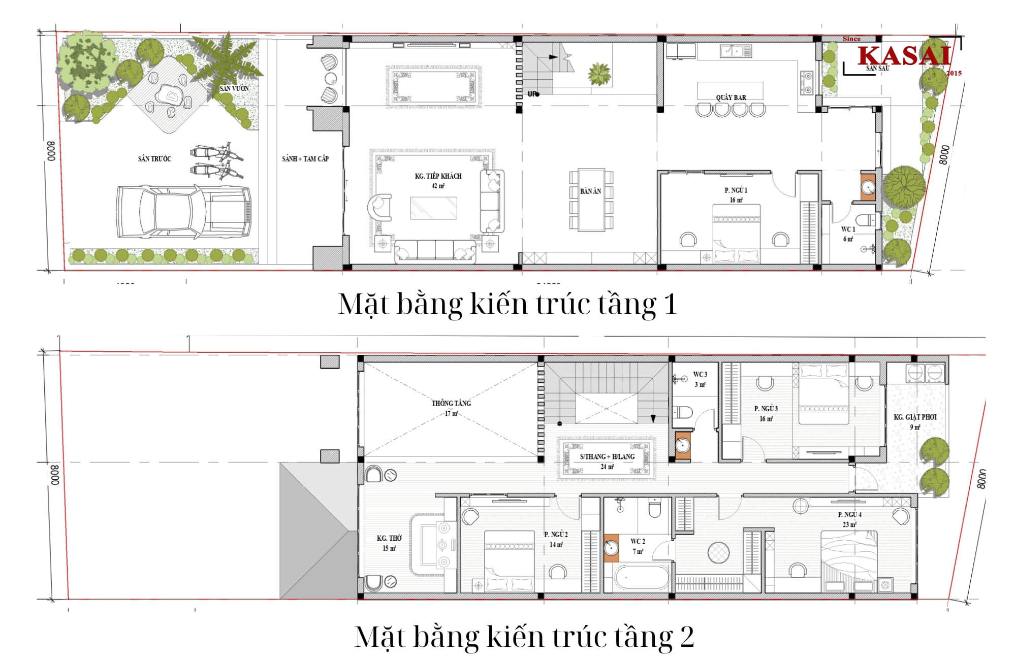 Mặt bằng kiến trúc nhà 2 tầng 4 phòng ngủ mặt tiền 8m
