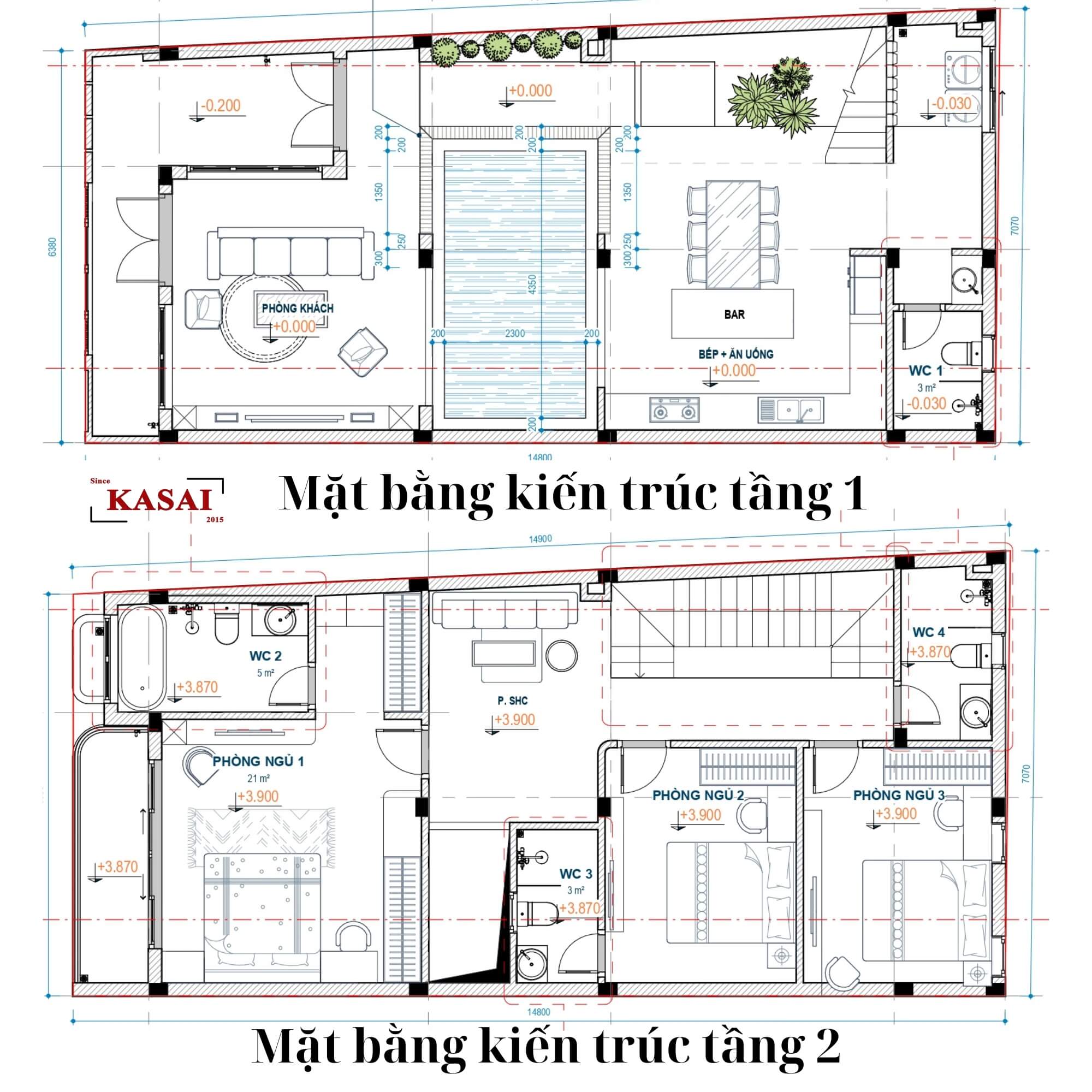Bản vẽ nhà 2 tầng đẹp 3 phòng ngủ diện tích 6m x13