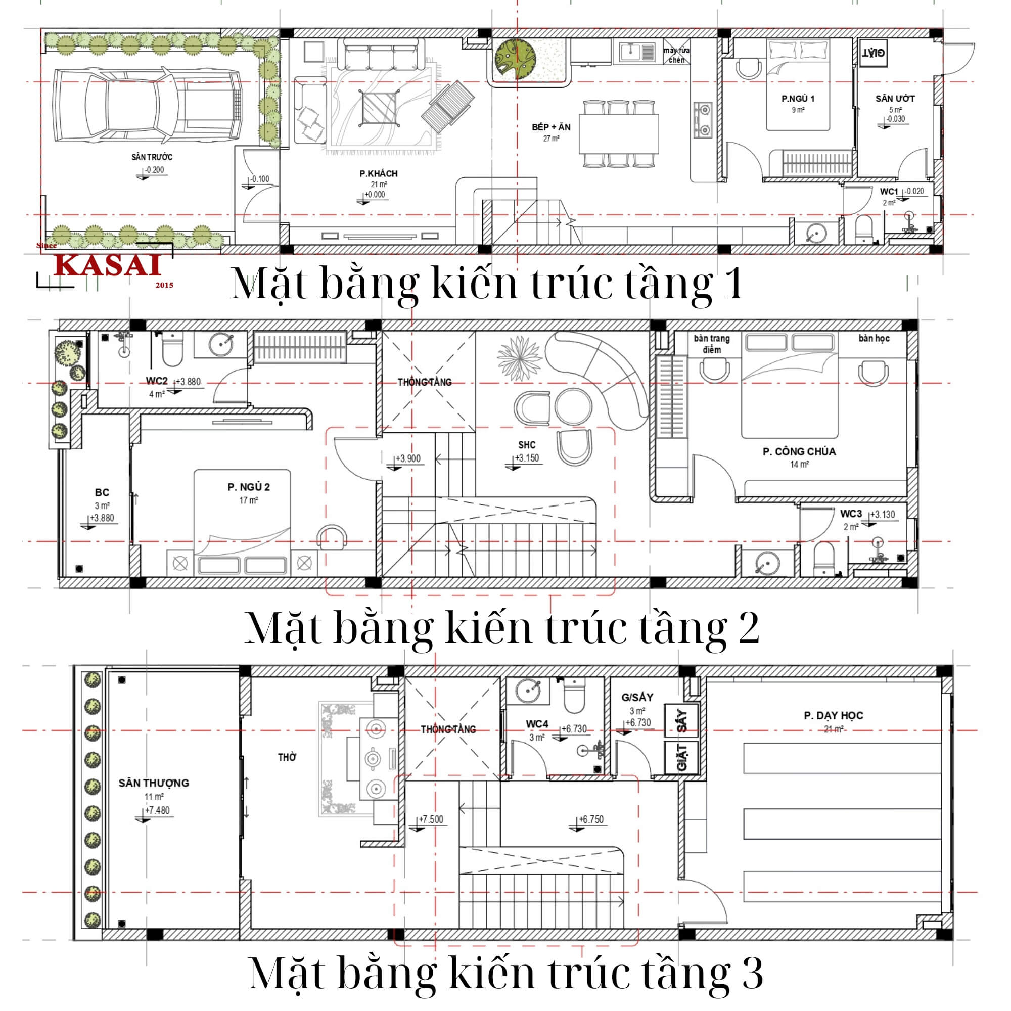 Bản vẽ nhà 3 tầng mặt tiền 4,5m