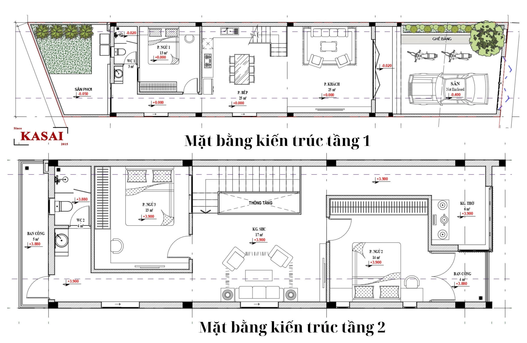 Bản vẽ thiết kế nhà 2 tầng 3 phòng 5x17m