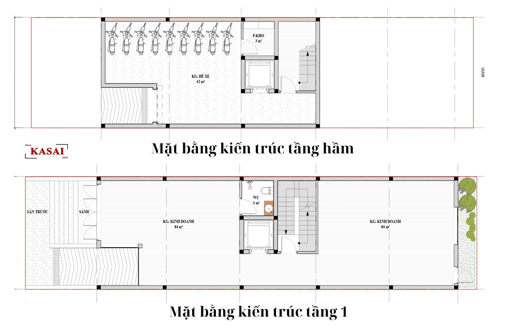 Tầng hầm, tầng 1 bản vẽ thiết kế nhà vừa ở vừa cho thuê phòng trọ