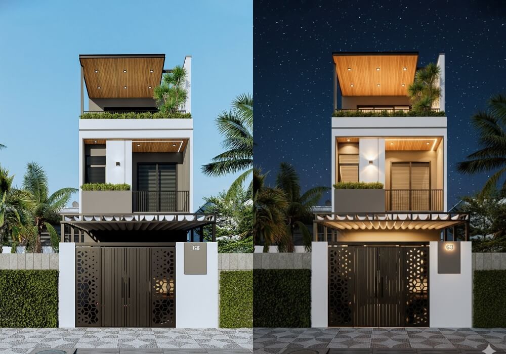 Mẫu nhà ống 3 tầng mặt tiền 4,5m vuông vắn phối màu tinh tế