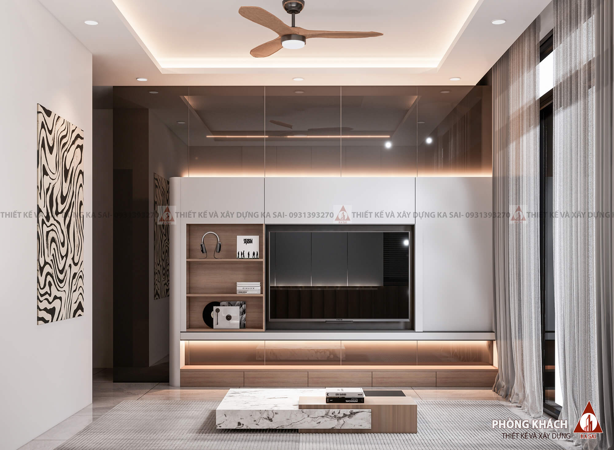 Phòng khách nhà 8x10m mẫu nhà vuông 2 tầng 80m2