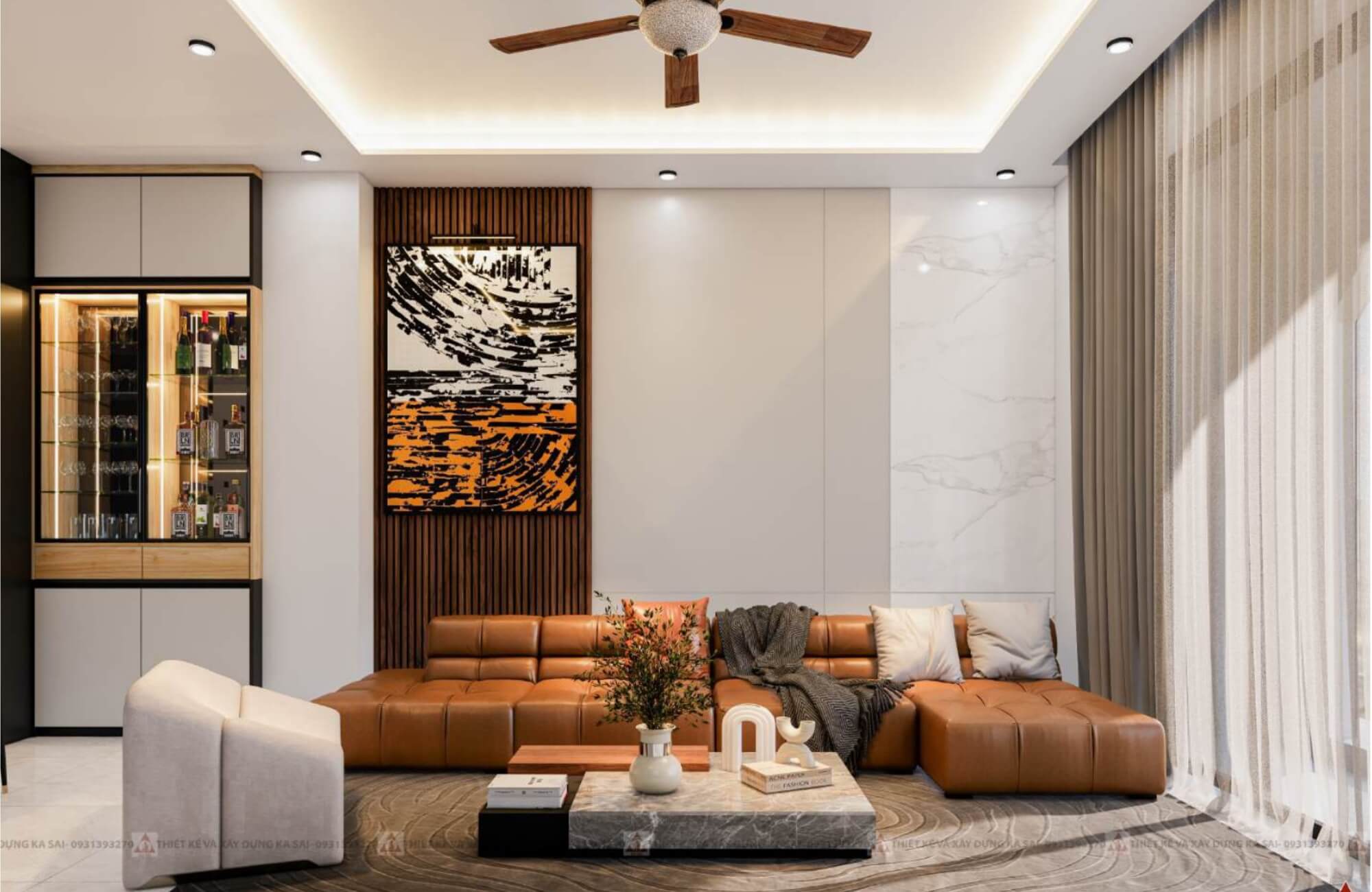 Phòng khách thiết kế căn hộ cho thuê 5x20m