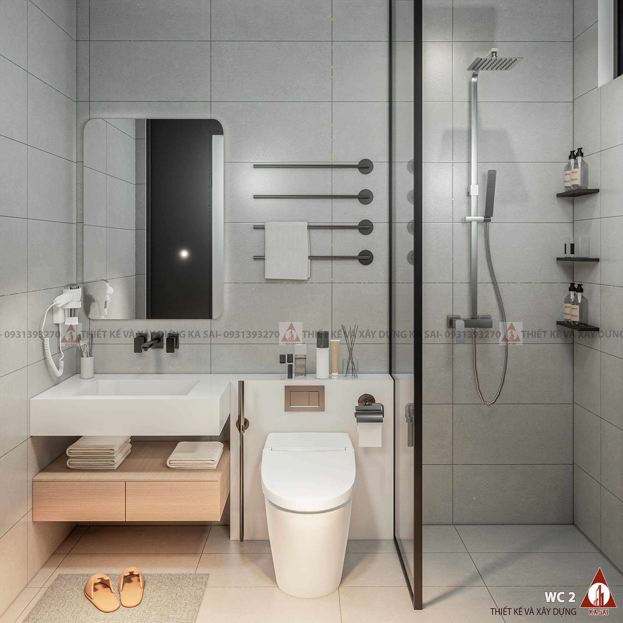 Phòng WC nhà 8x10m mẫu nhà vuông 2 tầng 80m2