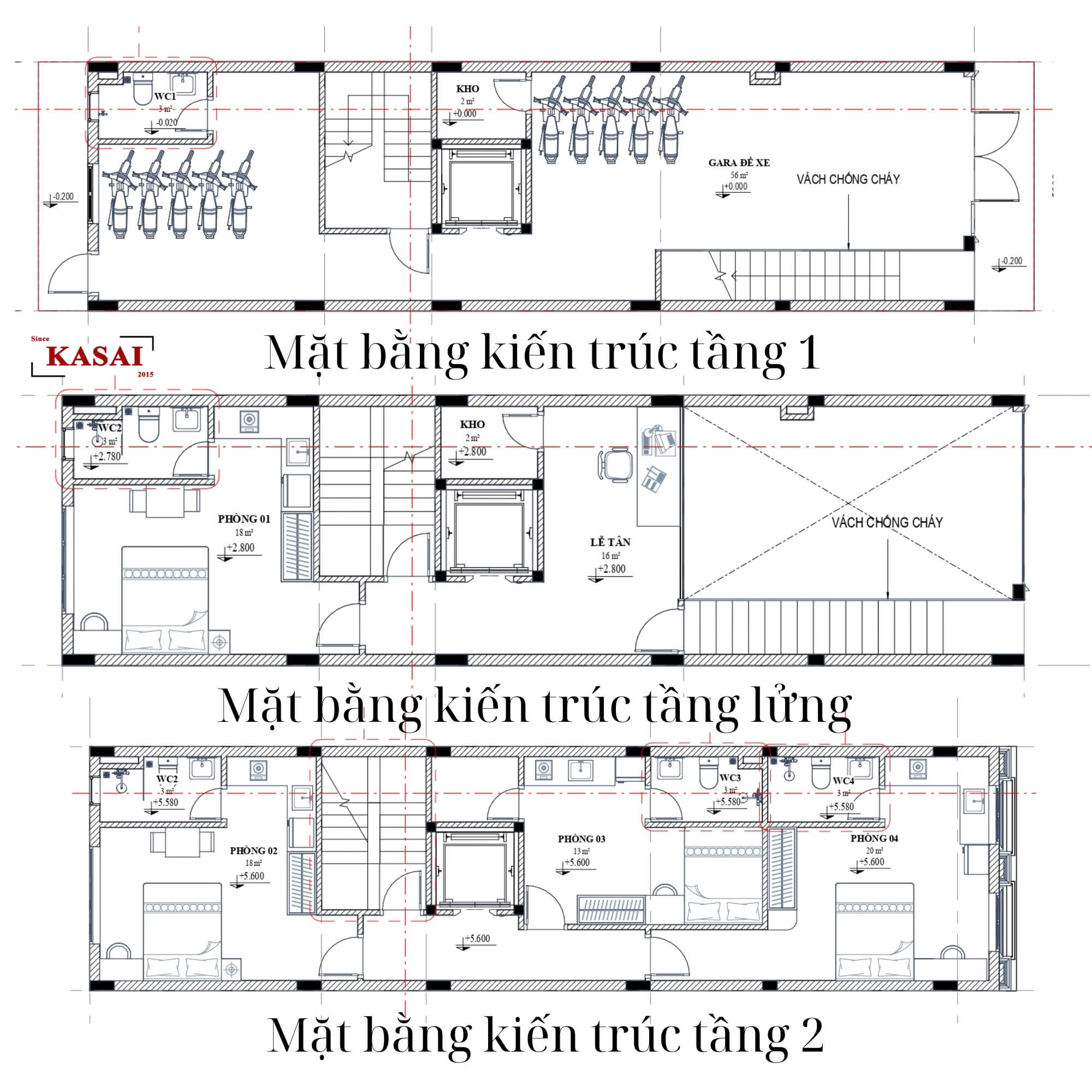 Tầng 1, lửng, tầng 2 bản vẽ thiết kế căn hộ cho thuê 5x20m 6 tầng