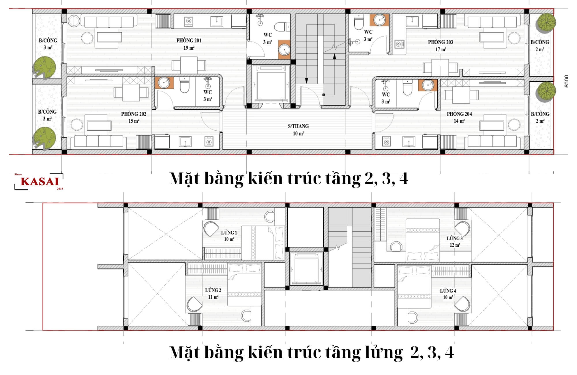 Tầng 2, 3, 4 bản vẽ thiết kế nhà vừa ở vừa cho thuê phòng trọ