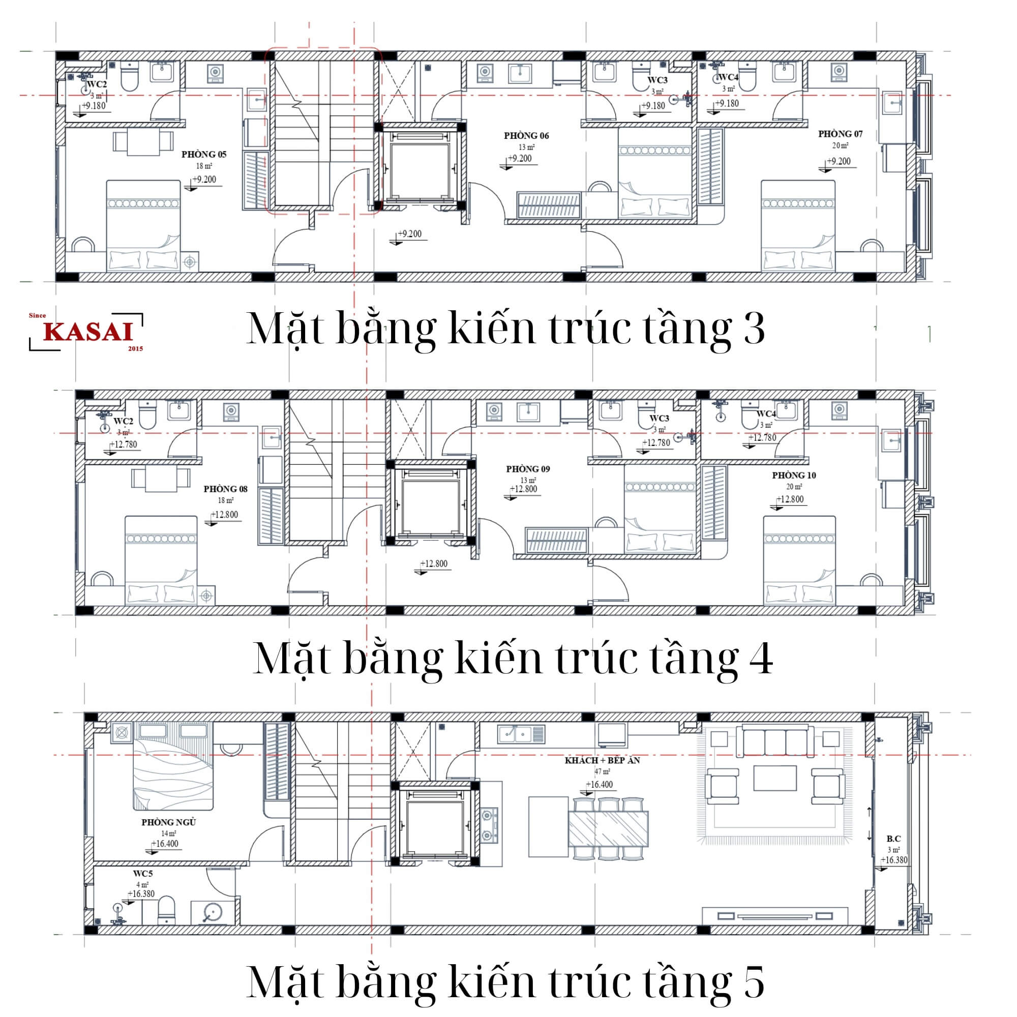 Tầng 3 - 5 bản vẽ thiết kế căn hộ cho thuê 5x20m 6 tầng
