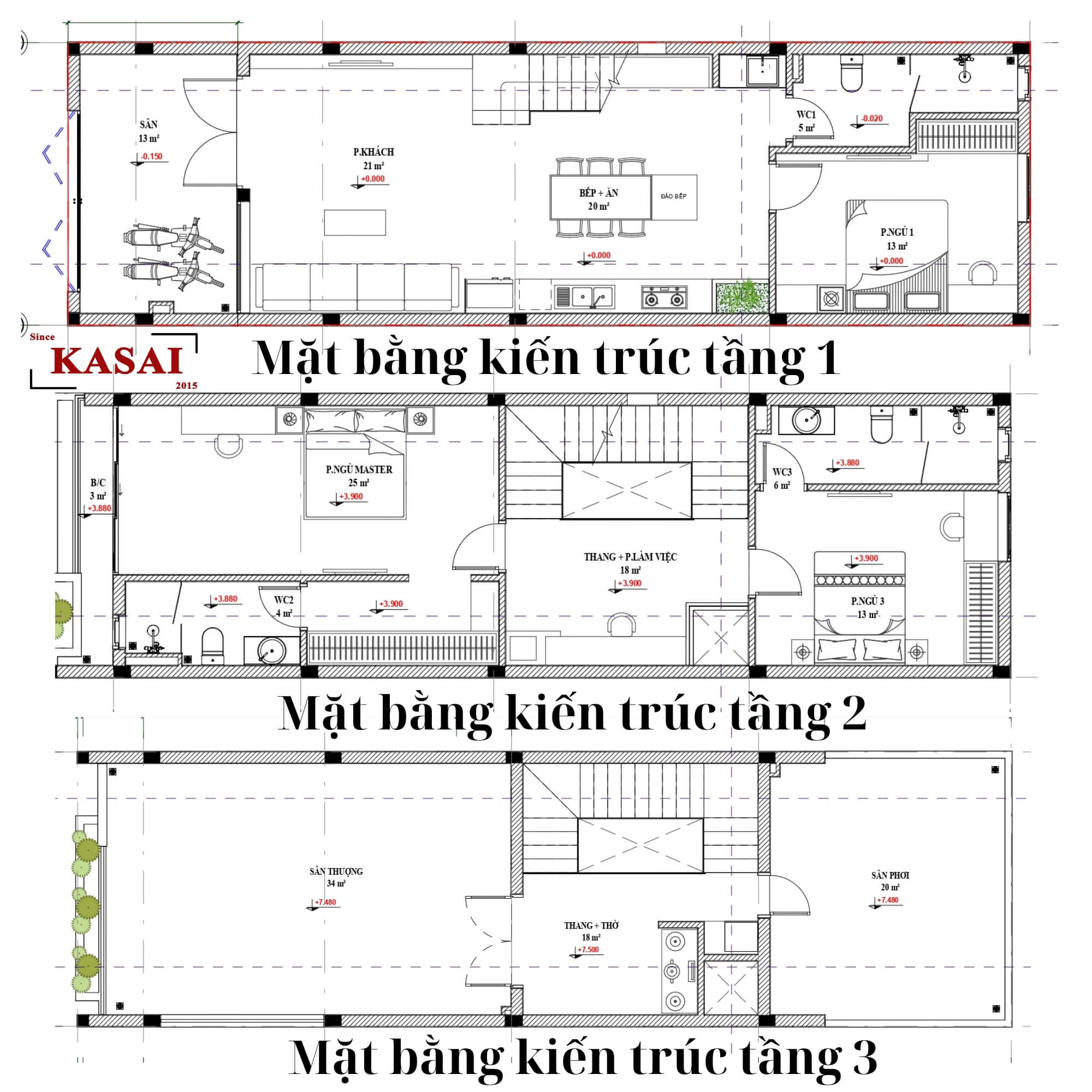 Bản vẽ thiết kế nhà 5x17 3 tầng đẹp