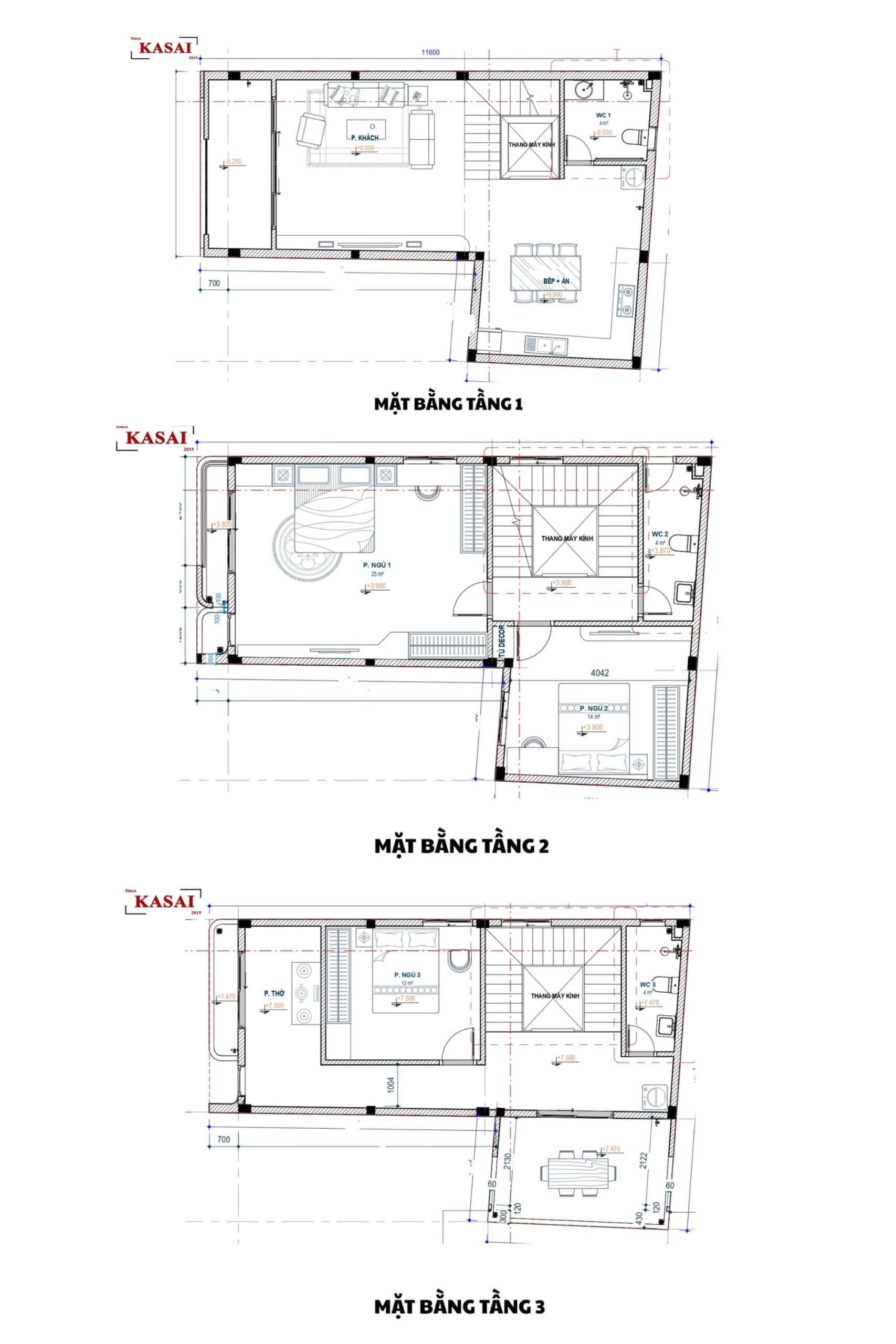 Mặt bằng nhà 3 tầng 7x12m