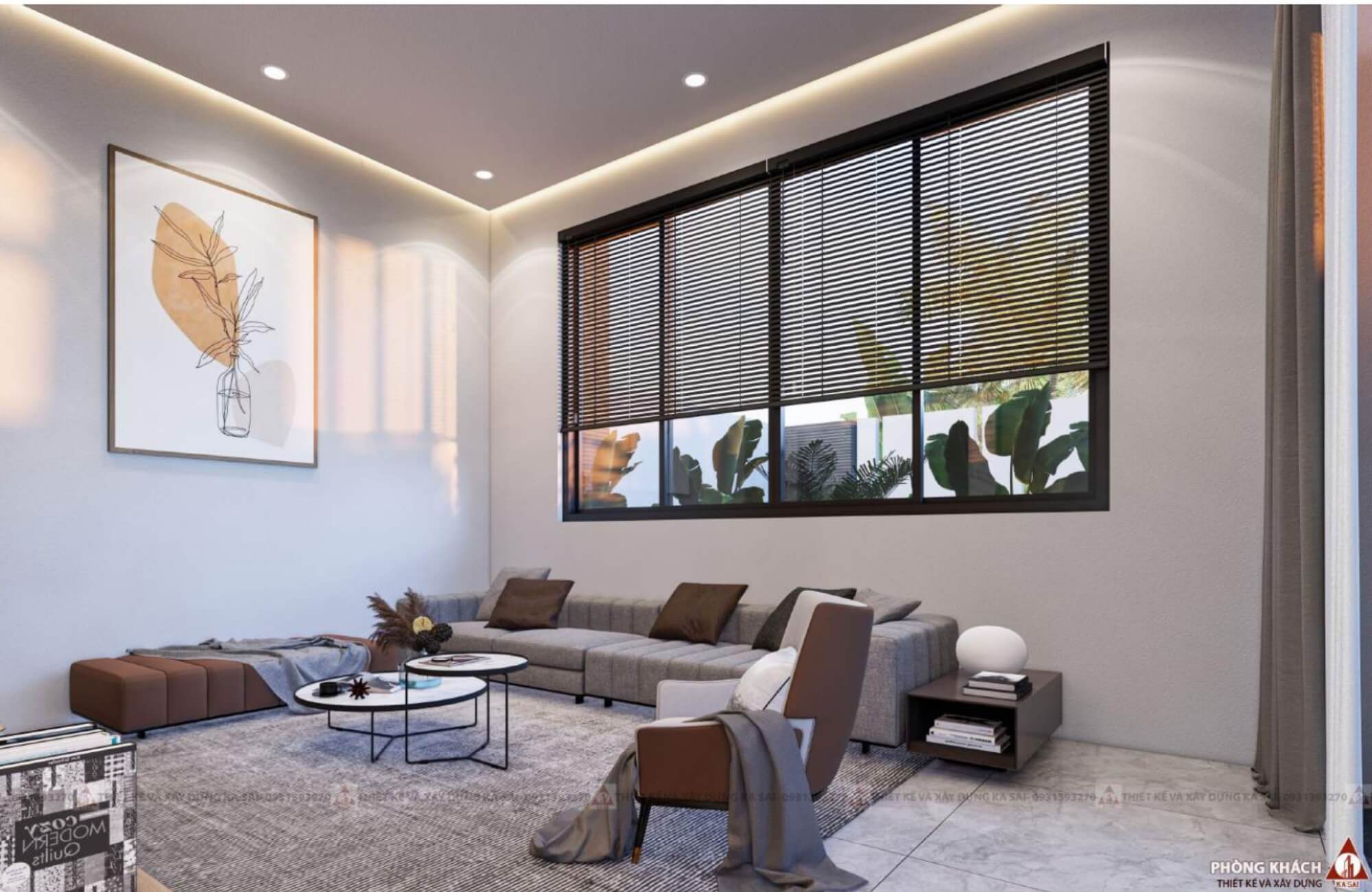 Phòng khách mẫu nhà 2 tầng rộng 7m dài 12m chữ L