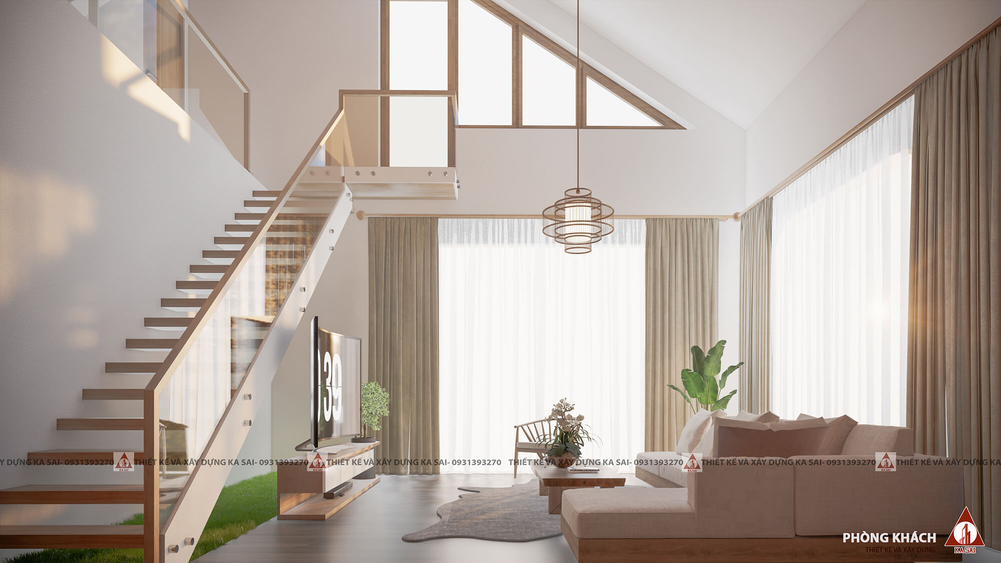 Phòng khách bản vẽ 3D nhà cấp 4 có gác lửng