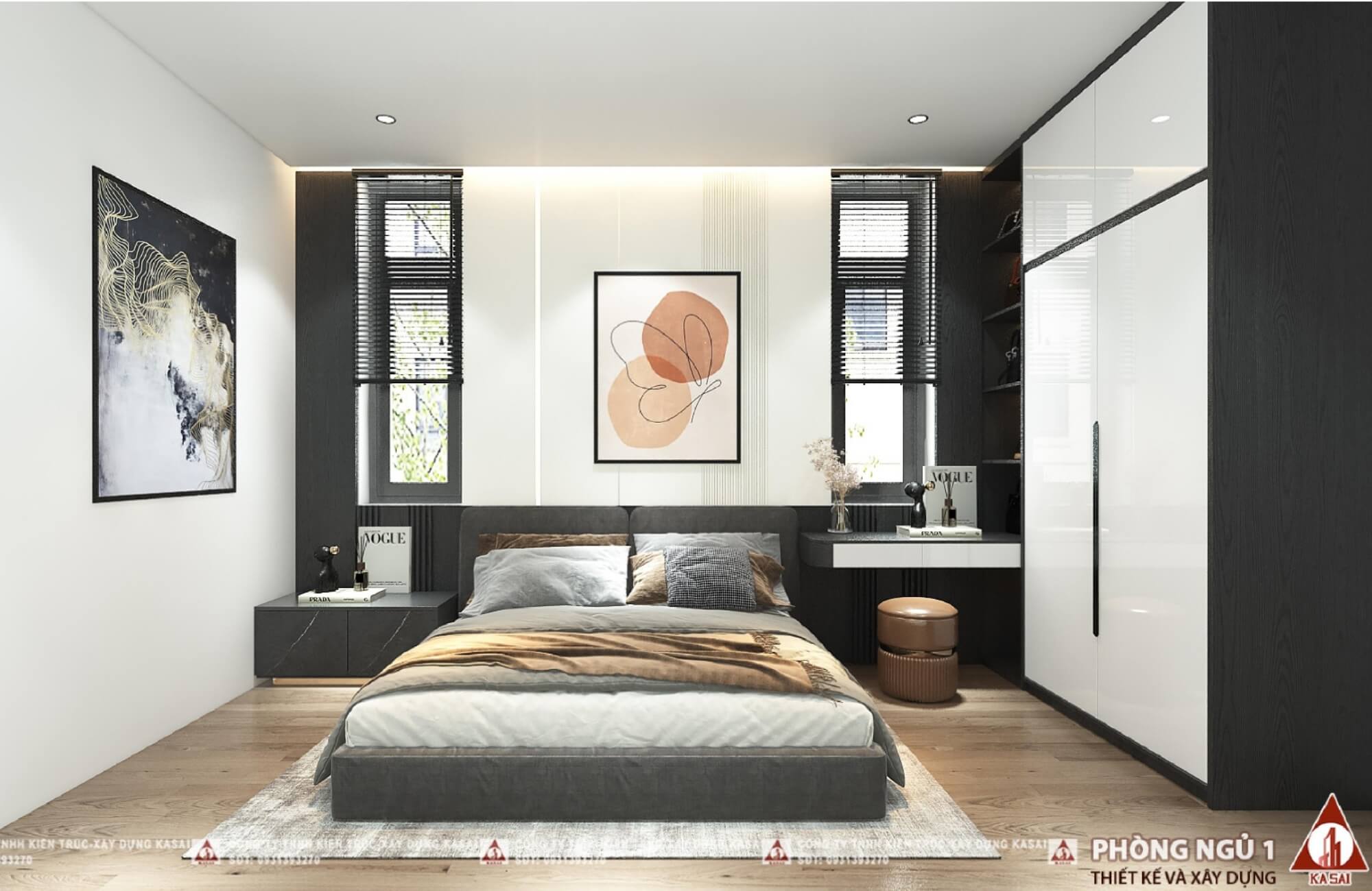 Phòng ngủ 1 mẫu nhà 2 tầng 8x10m mái Nhật