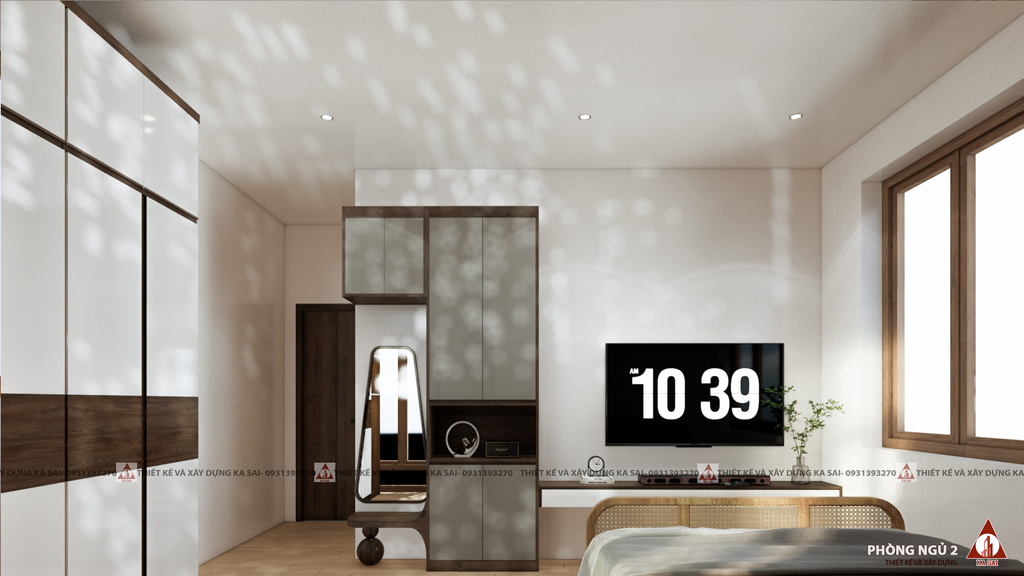 Phòng ngủ 2 bản vẽ 3D nhà cấp 4 có gác lửng