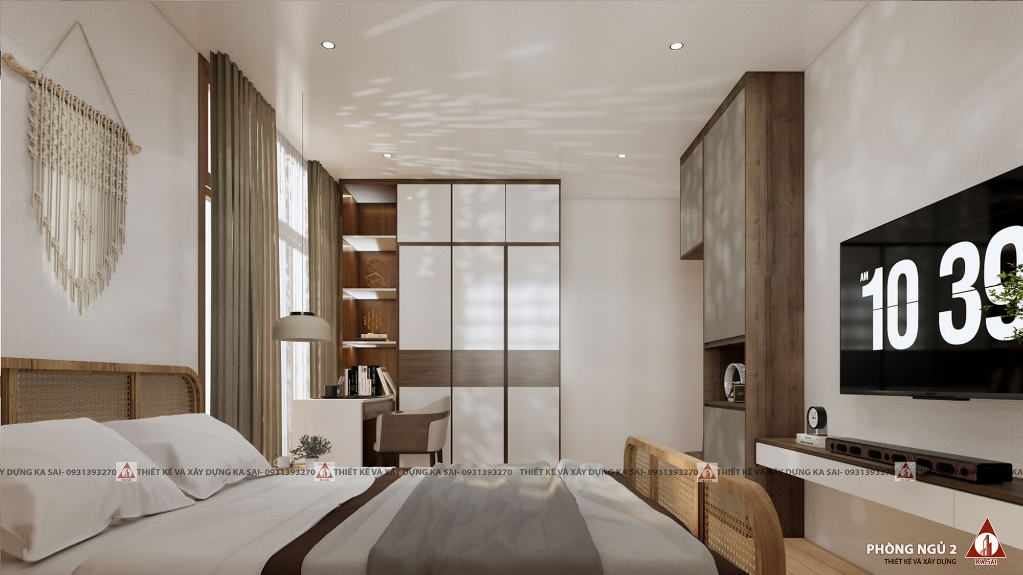 Phòng ngủ 2 bản vẽ 3D nhà cấp 4 có gác lửng