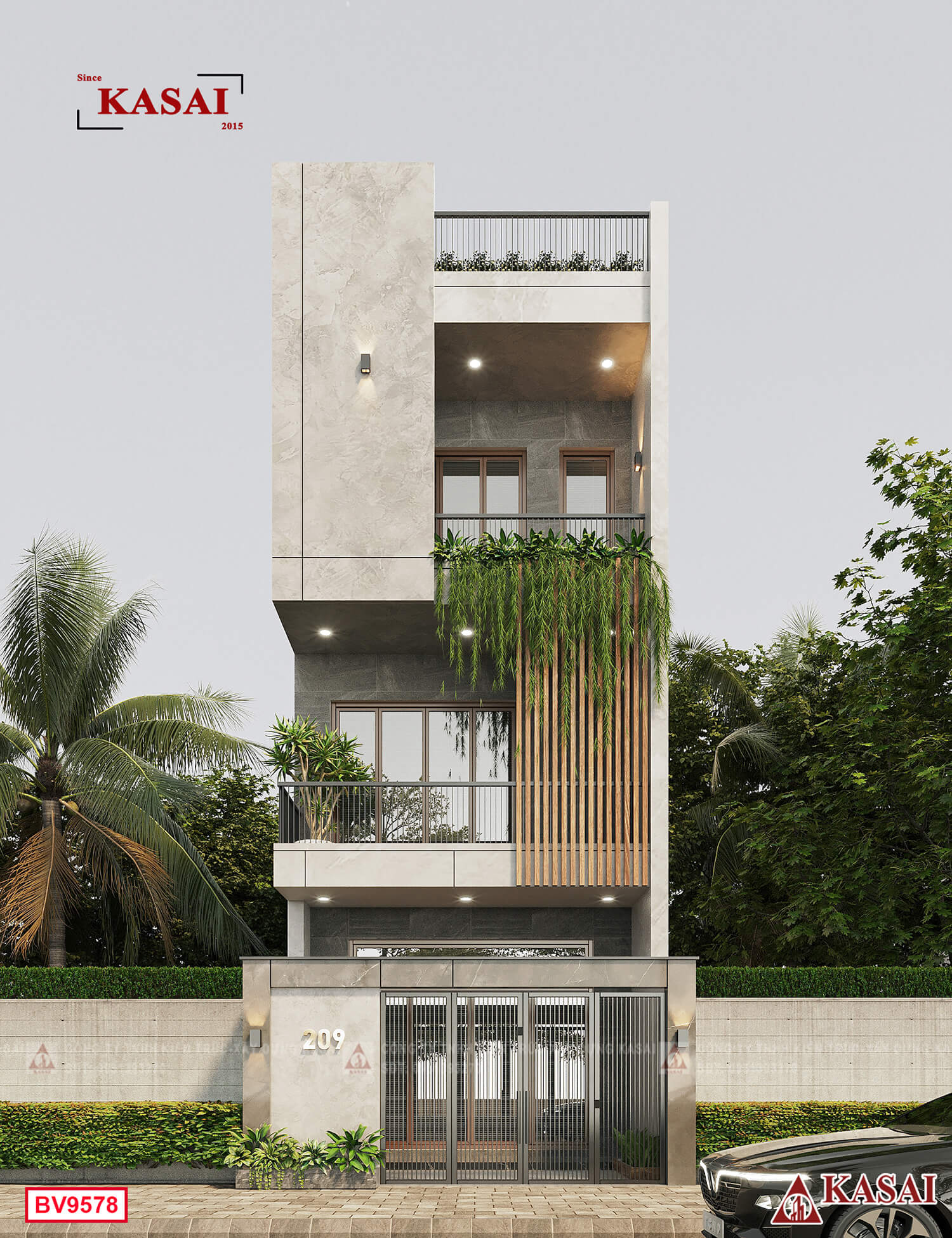 Bản vẽ 3D nhà ống 3 tầng 5×20 vẻ đẹp cân bằng giữa bê tông và cây xanh