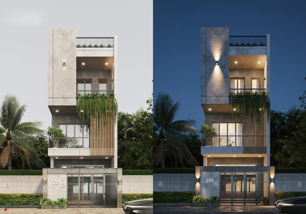 Bản vẽ 3D nhà ống 3 tầng 5×20 vẻ đẹp cân bằng giữa bê tông và cây xanh