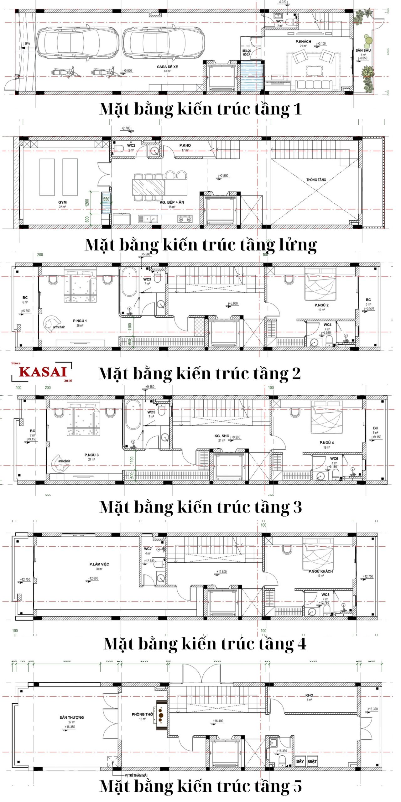 Bản vẽ thiết kế nhà 5 tầng có tầng lửng