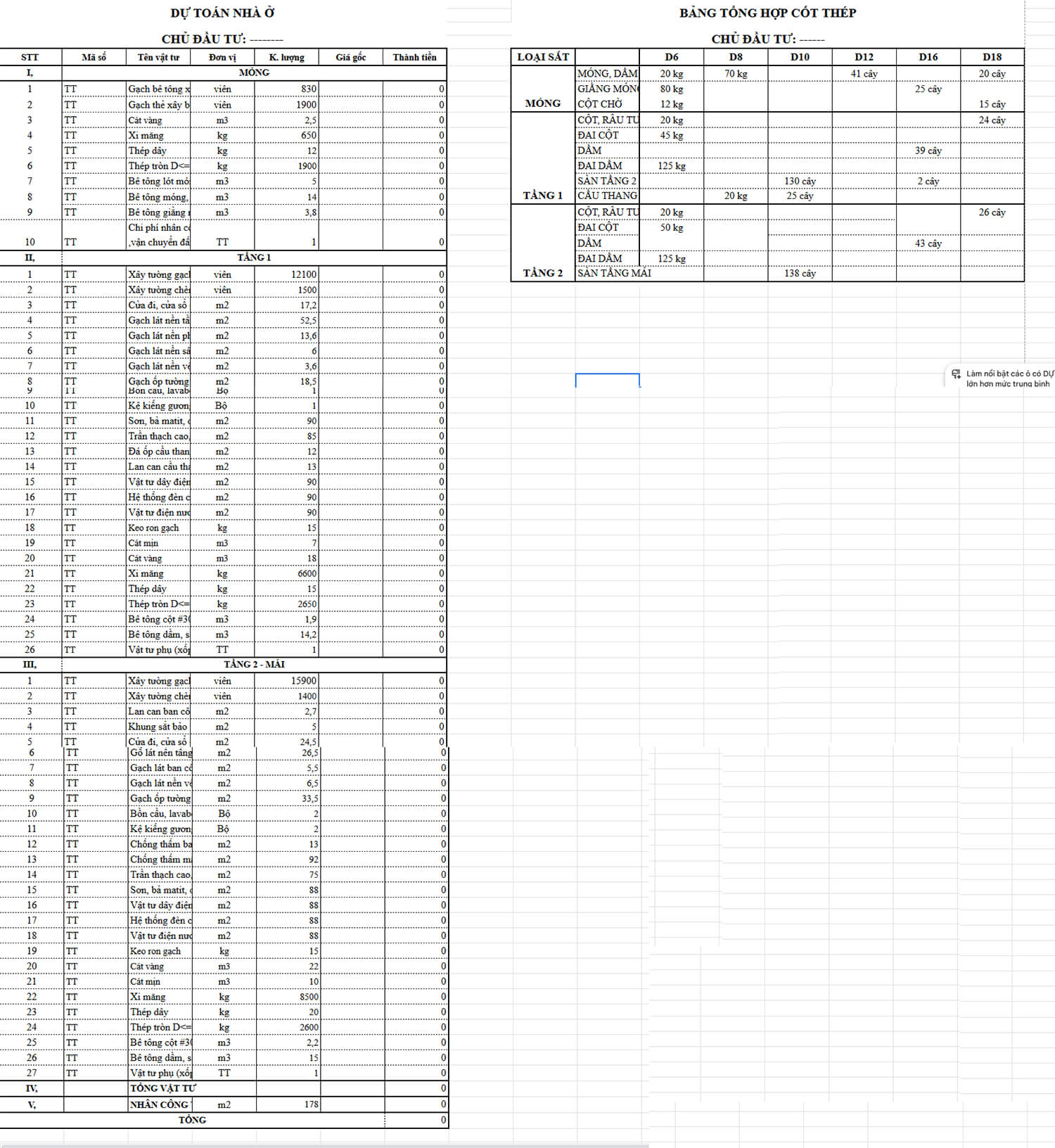 File excel bảng dự toán xây dựng nhà ở