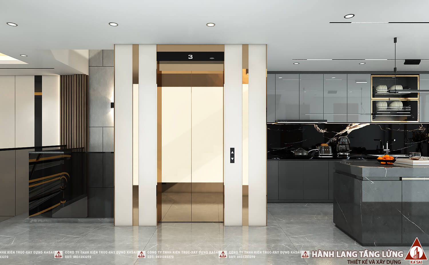 Hành lang tầng lửng nhà 5 tầng có gác lửng