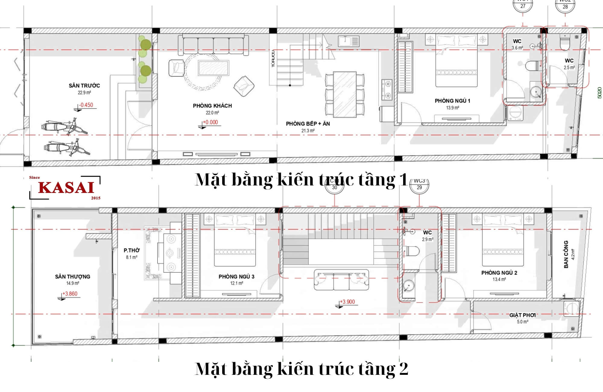 Bản vẽ nhà 2 tầng 5x21m đẹp