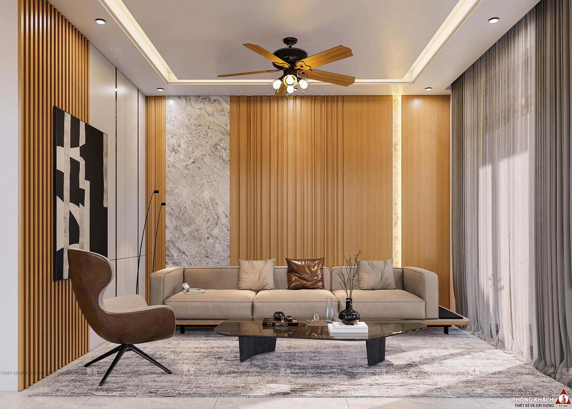 Mẫu phòng khách ốp nhựa giả gỗ đẹp kết hợp ốp đá