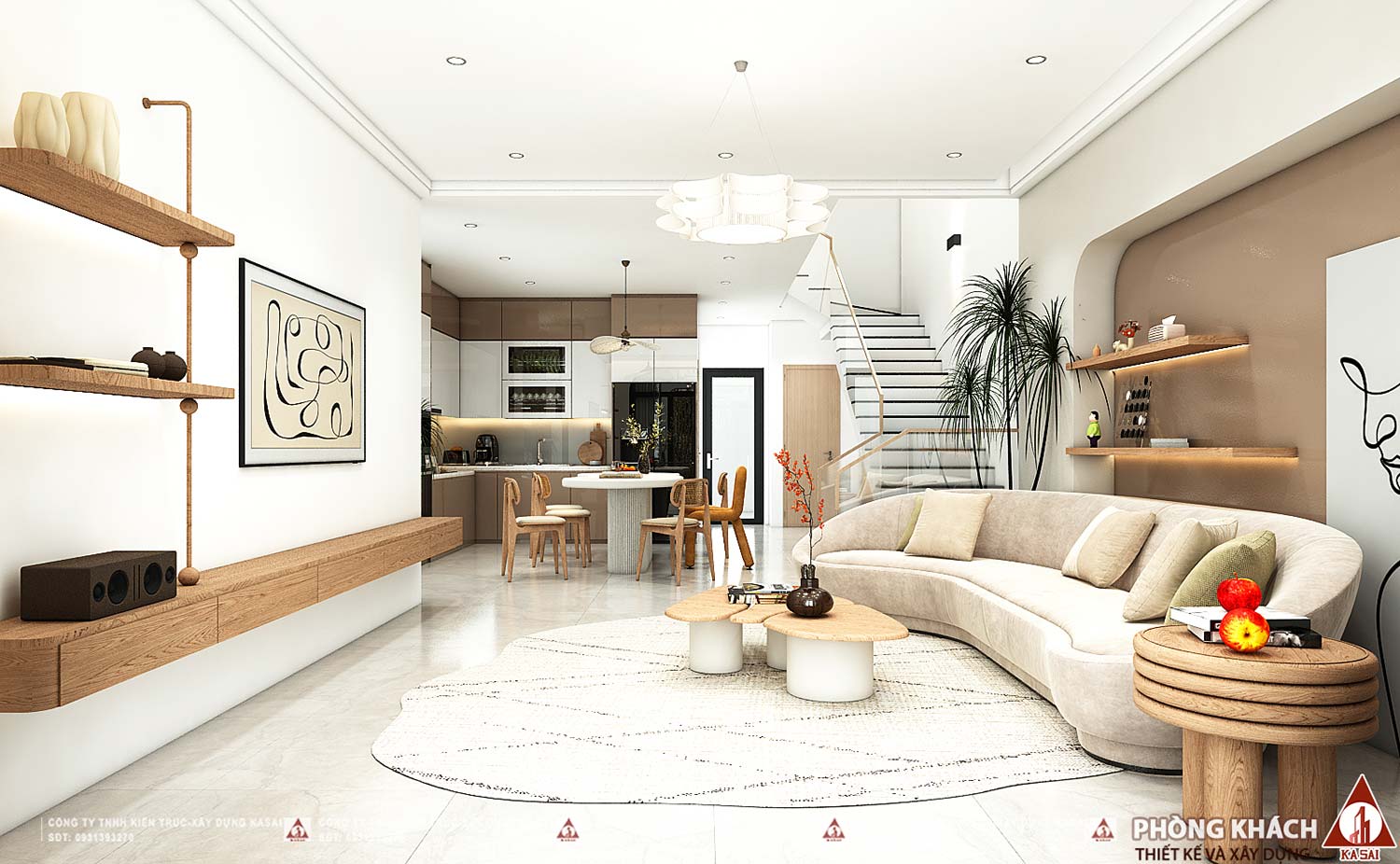 Phòng khách nhà 3 tầng 7x20m