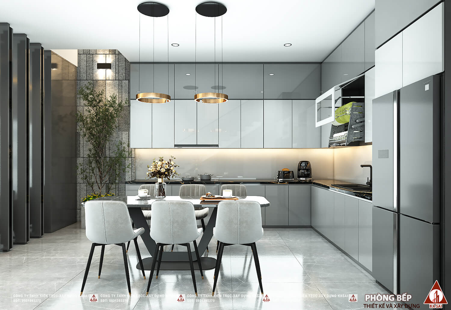 Phòng bếp nhà 2 tầng mặt tiền 6m mái Nhật