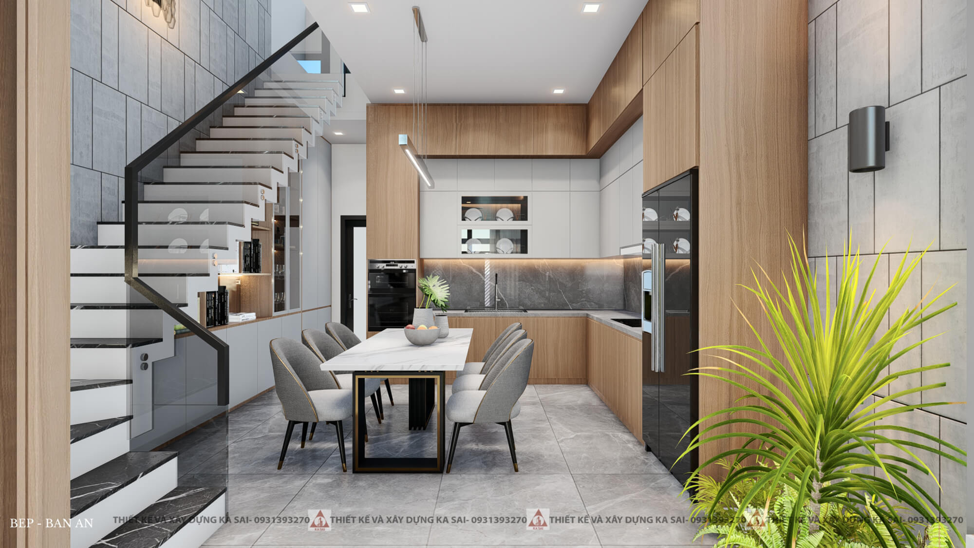 Phòng bếp bản vẽ 3d nhà 5x20m 3 tầng