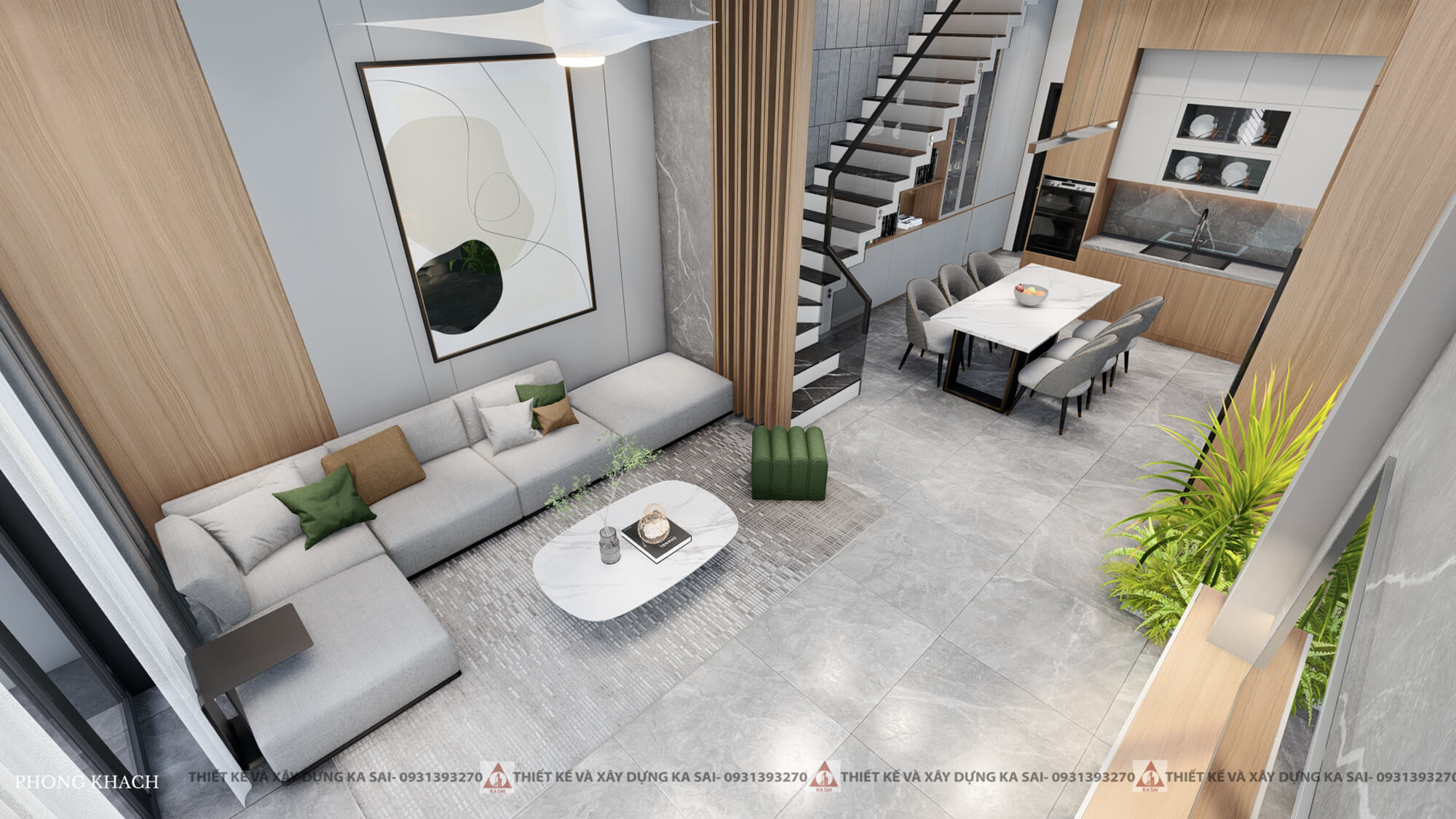 Phòng khách bản vẽ 3d nhà 5x20m 3 tầng