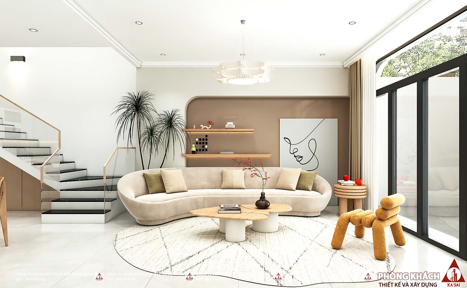 Phòng khách nhà 3 tầng 7x20m