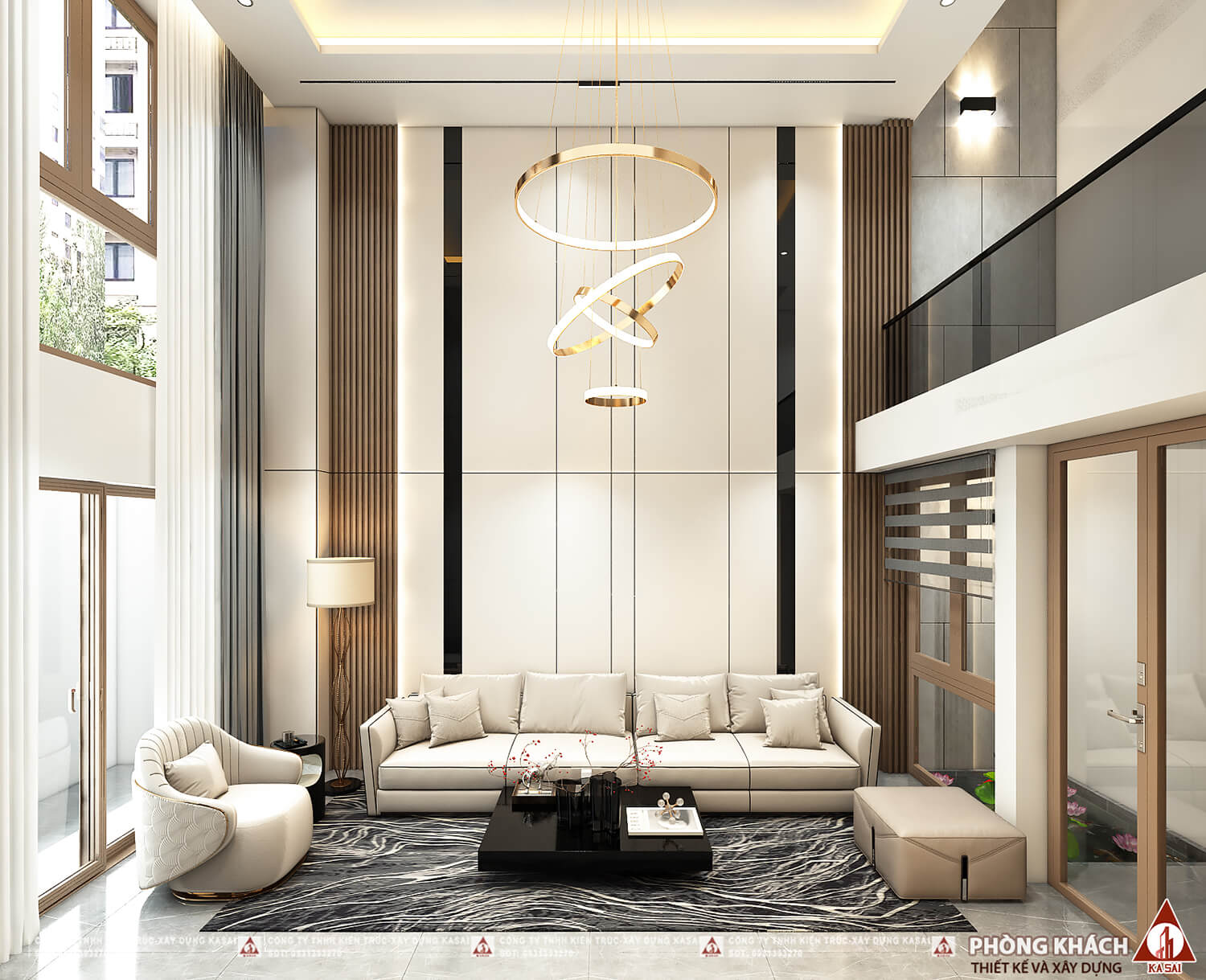 Phòng khách nhà 5 tầng có gác lửng