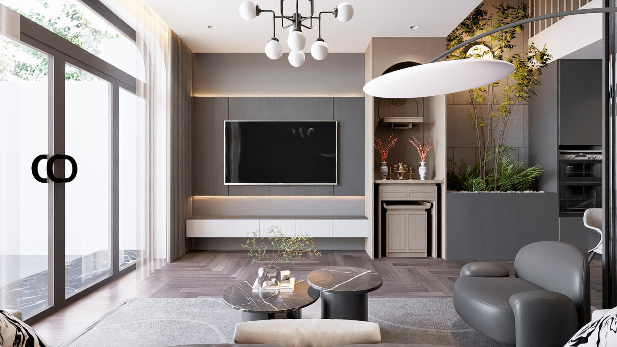Phòng khách nhà 2 tầng 5x21m