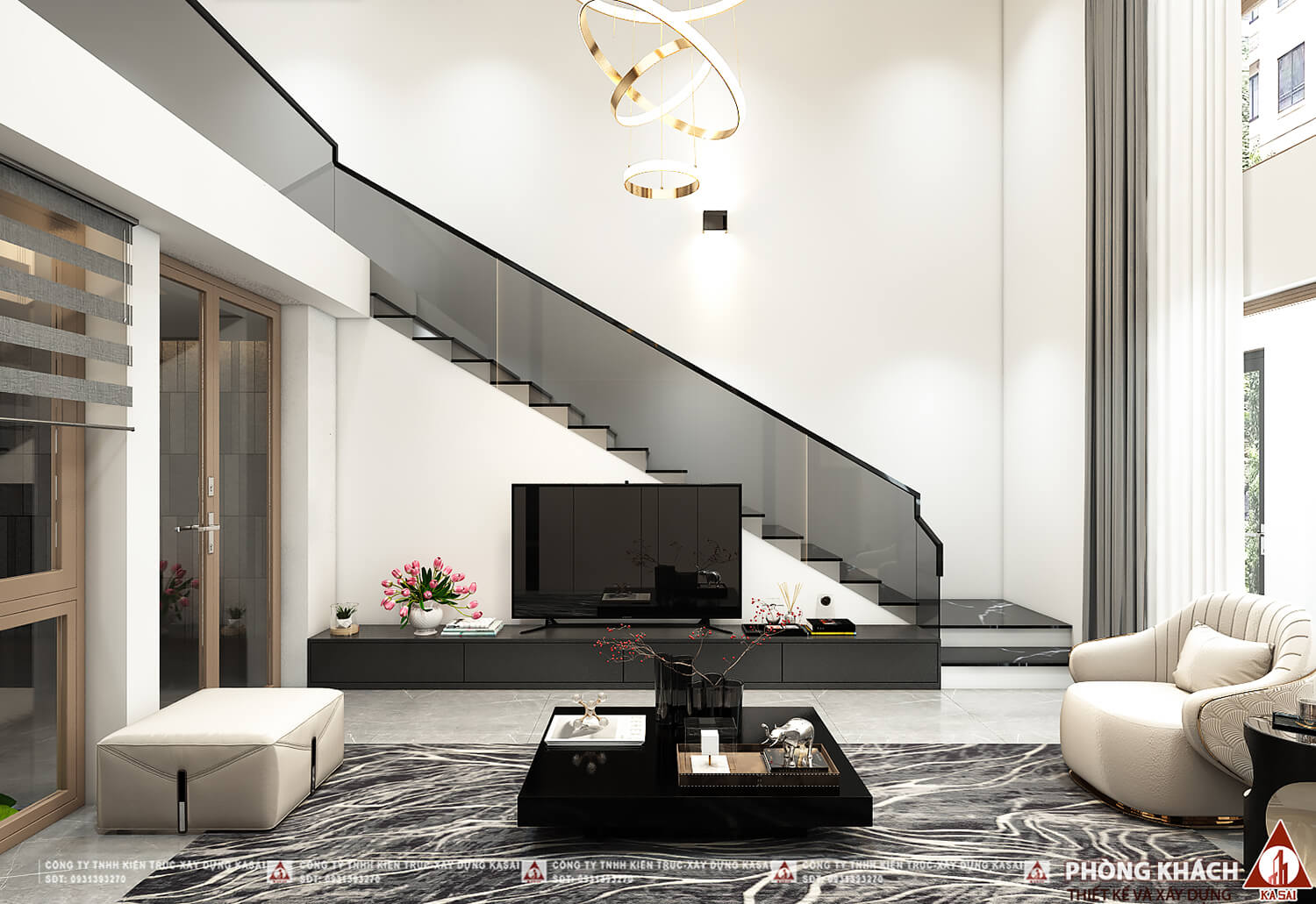 Phòng khách nhà 5 tầng có gác lửng