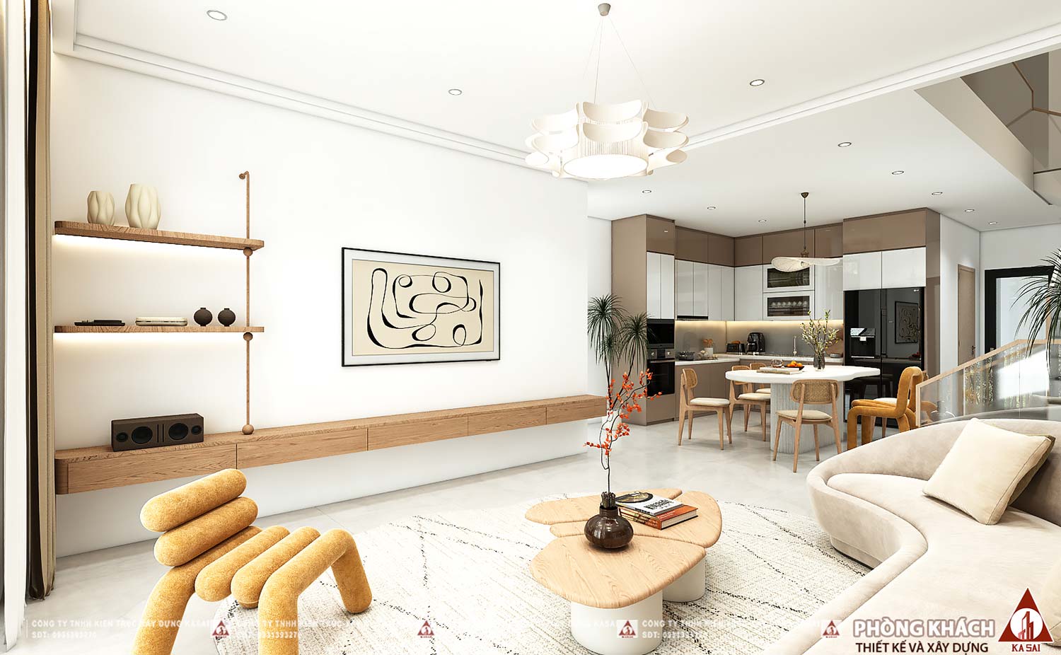 Phòng khách nhà 3 tầng 7x20m