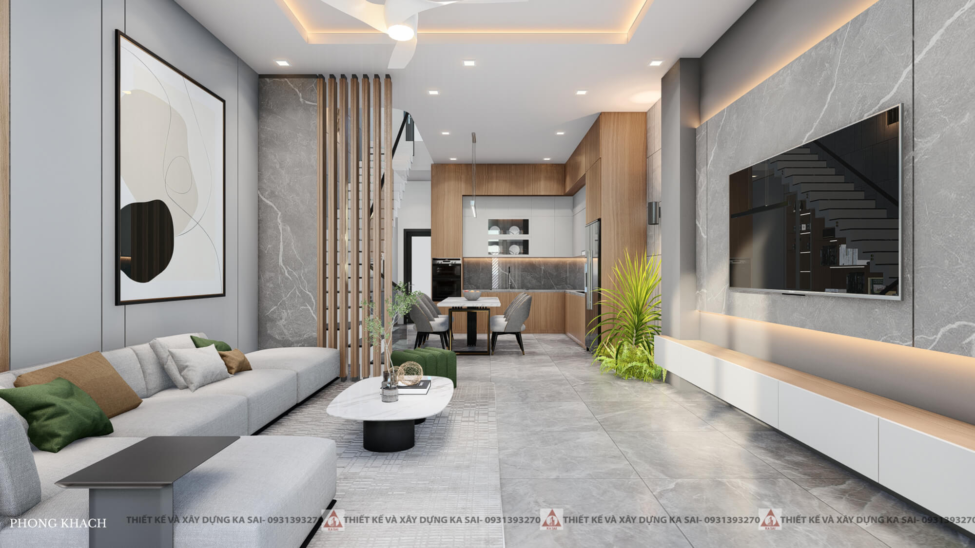 Phòng khách bản vẽ 3d nhà 5x20m 3 tầng