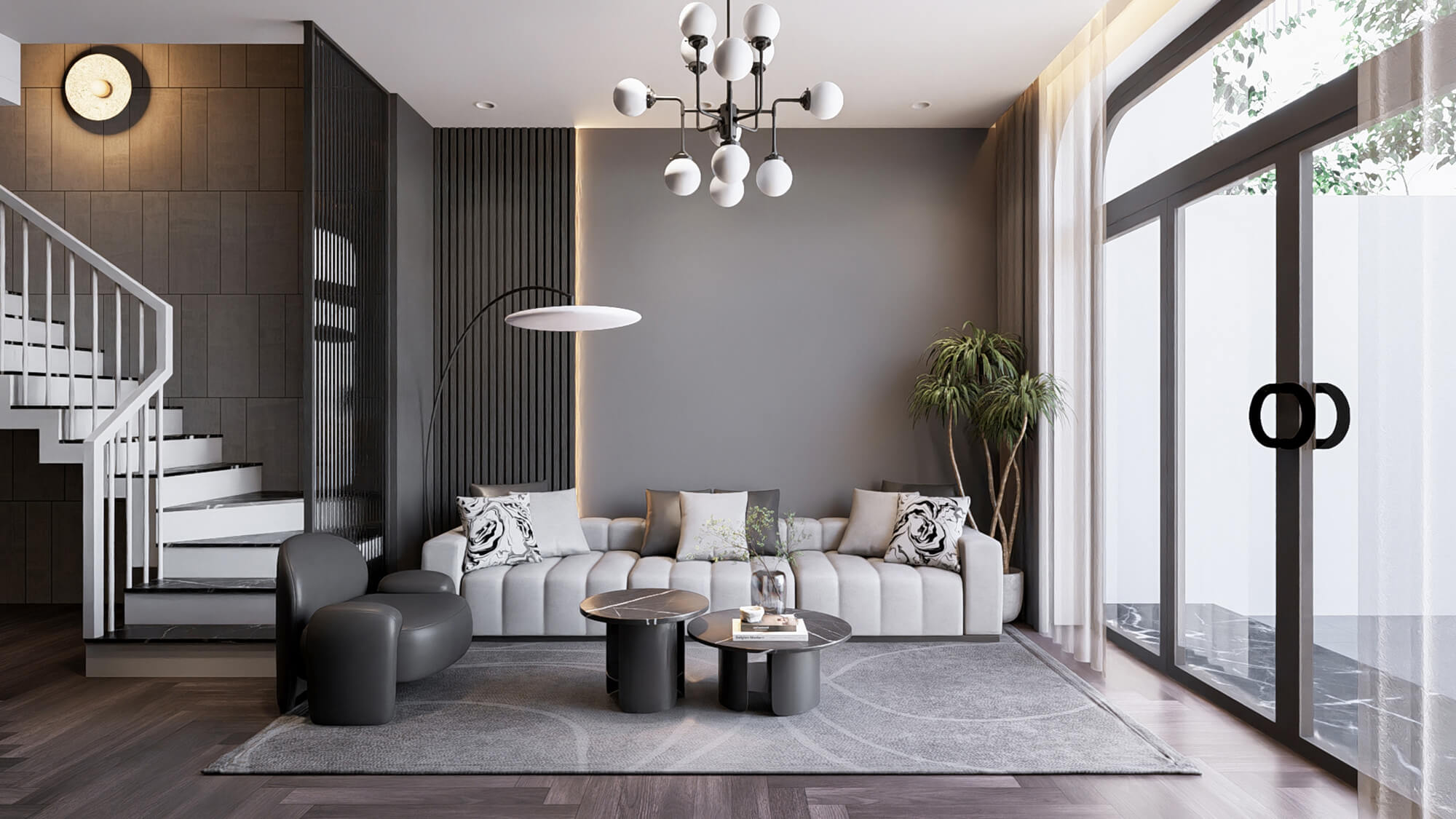 Phòng khách nhà 2 tầng 5x21m